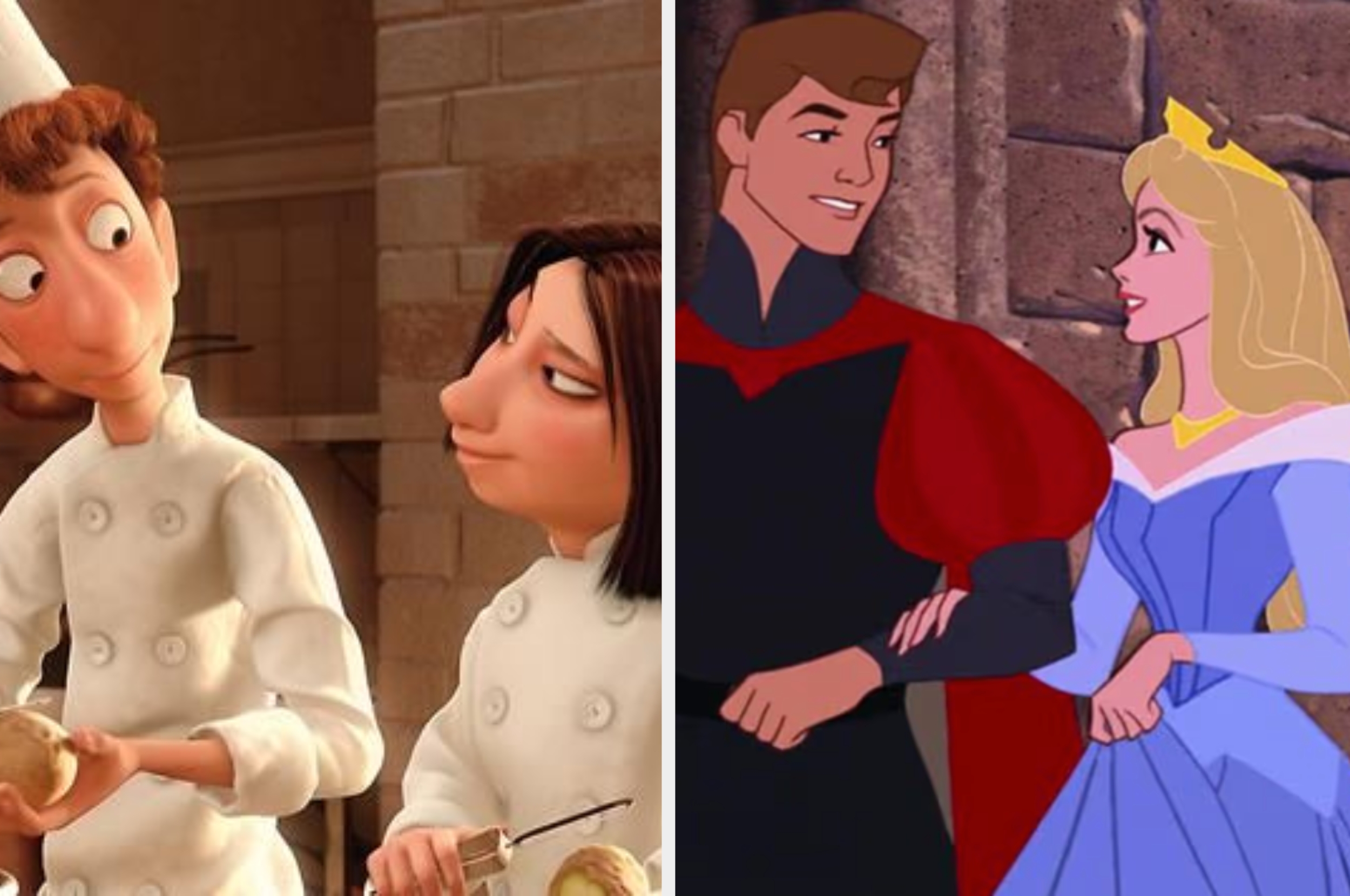 Two animated scenes: Left, two chefs preparing food. Right, a prince and princess in elegant attire, arm in arm