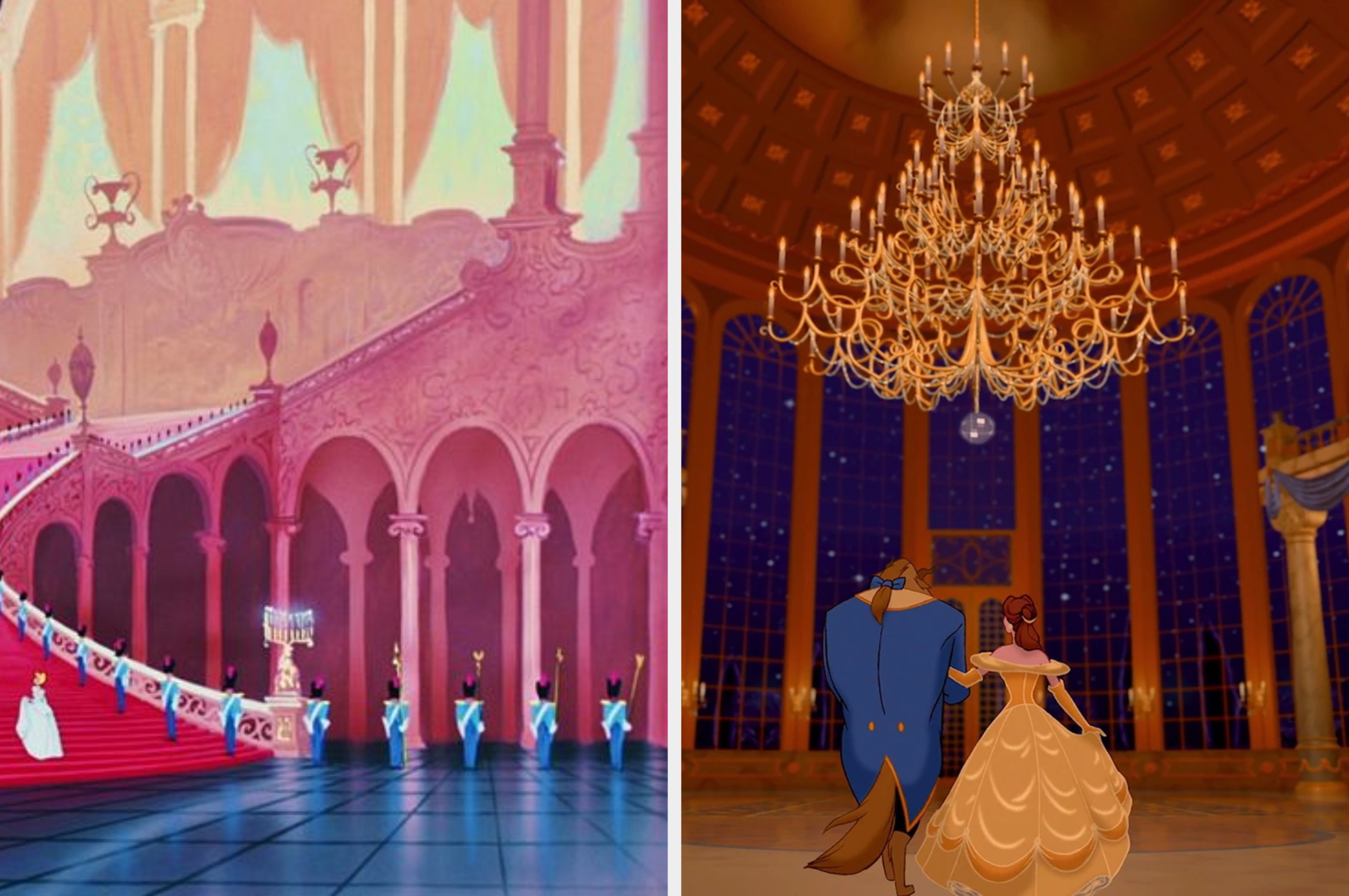 Animated ballroom scenes from a fairy tale: left, royalty on a staircase; right, a couple dances under a chandelier