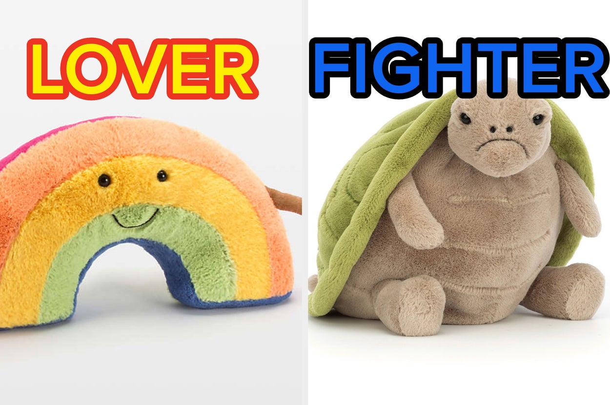 Smiling rainbow plush toy labeled "Lover" and a tough-looking turtle plush labeled "Fighter."