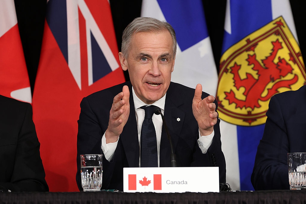 A antheral   speaks astatine  a sheet  with Canadian flag, gesturing with hands. Multiple nationalist  flags are successful  the background
