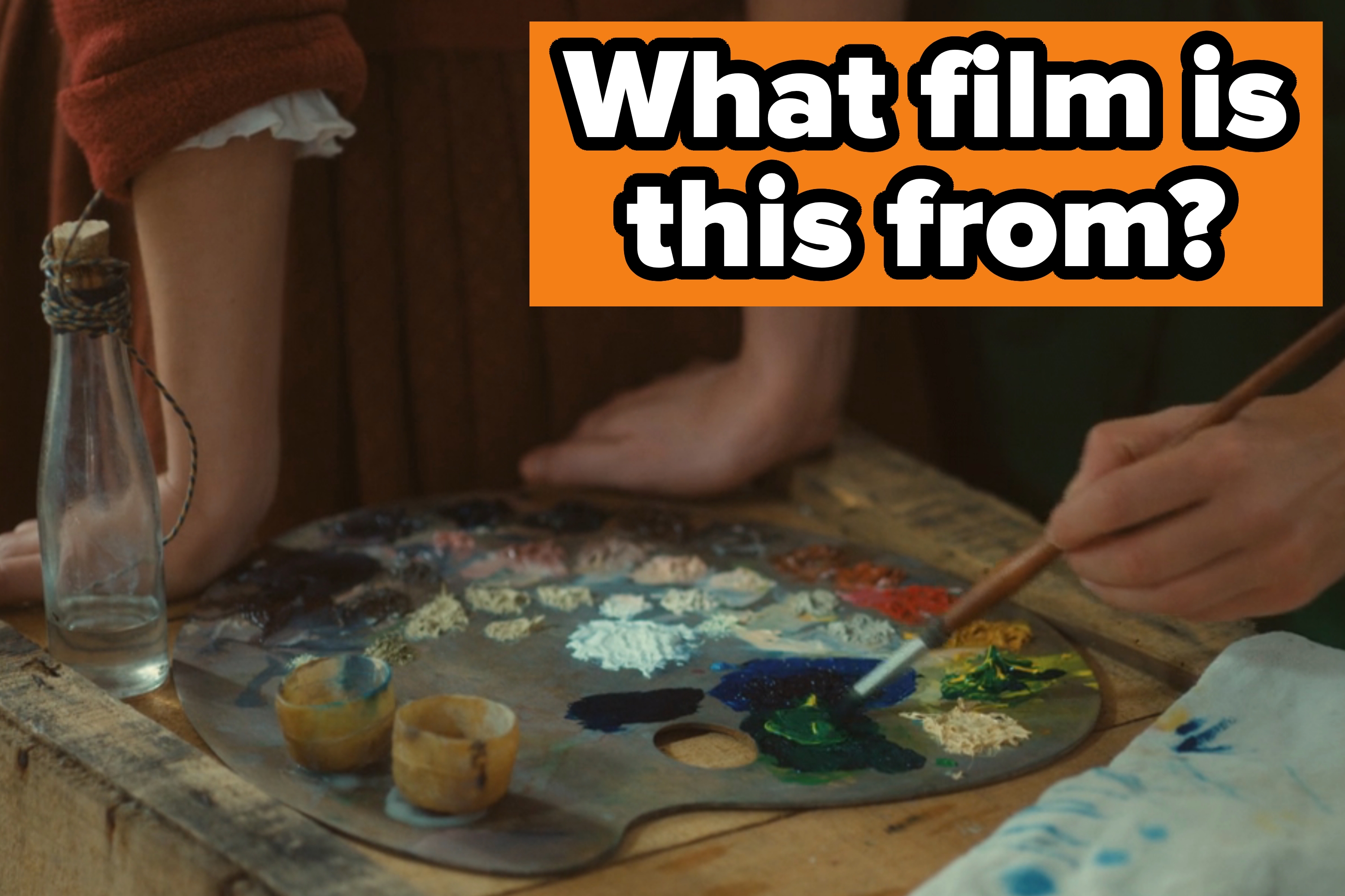 Left: Person painting on a palette with various paint colors. Right: Person sitting on bed, gazing at a window in a small, dimly-lit room