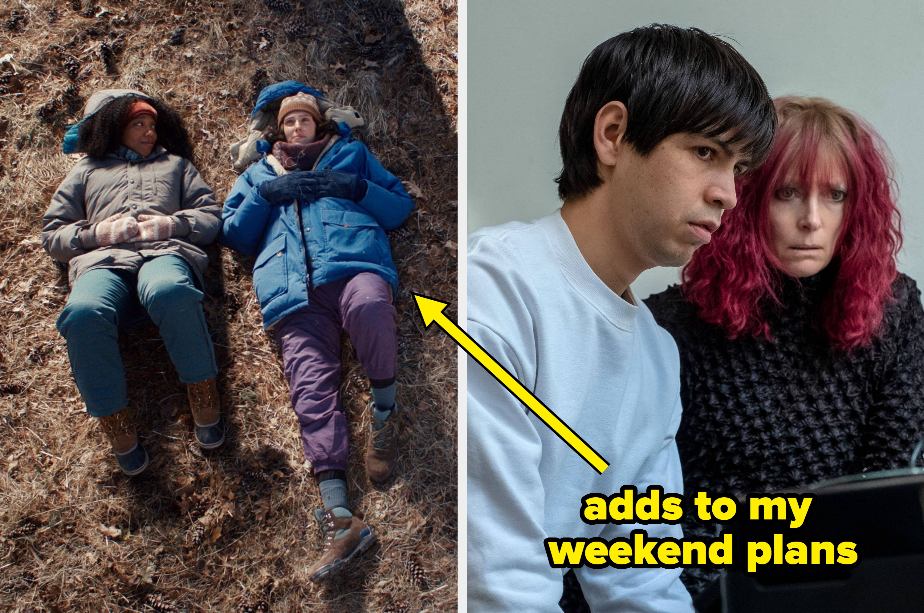 Two scenes from a TV show: left, a woman learning to shoot a gun in a forest; right, two people intensely focused indoors