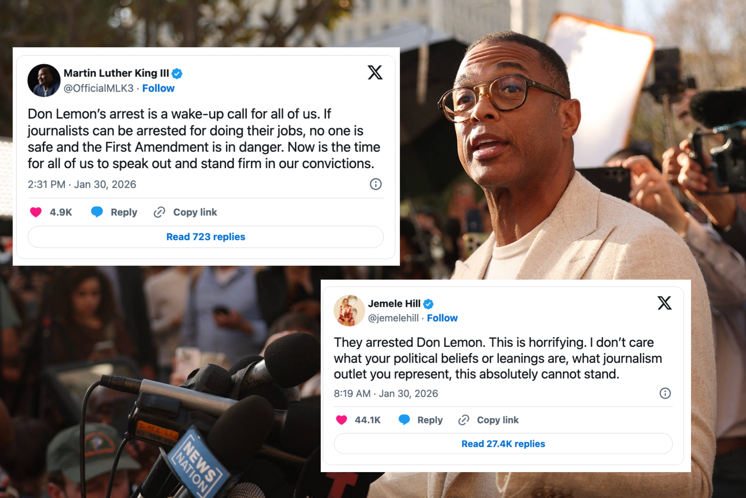 Person speaking at a press conference outdoors, surrounded by microphones and photographers. They are wearing a light blazer and glasses
