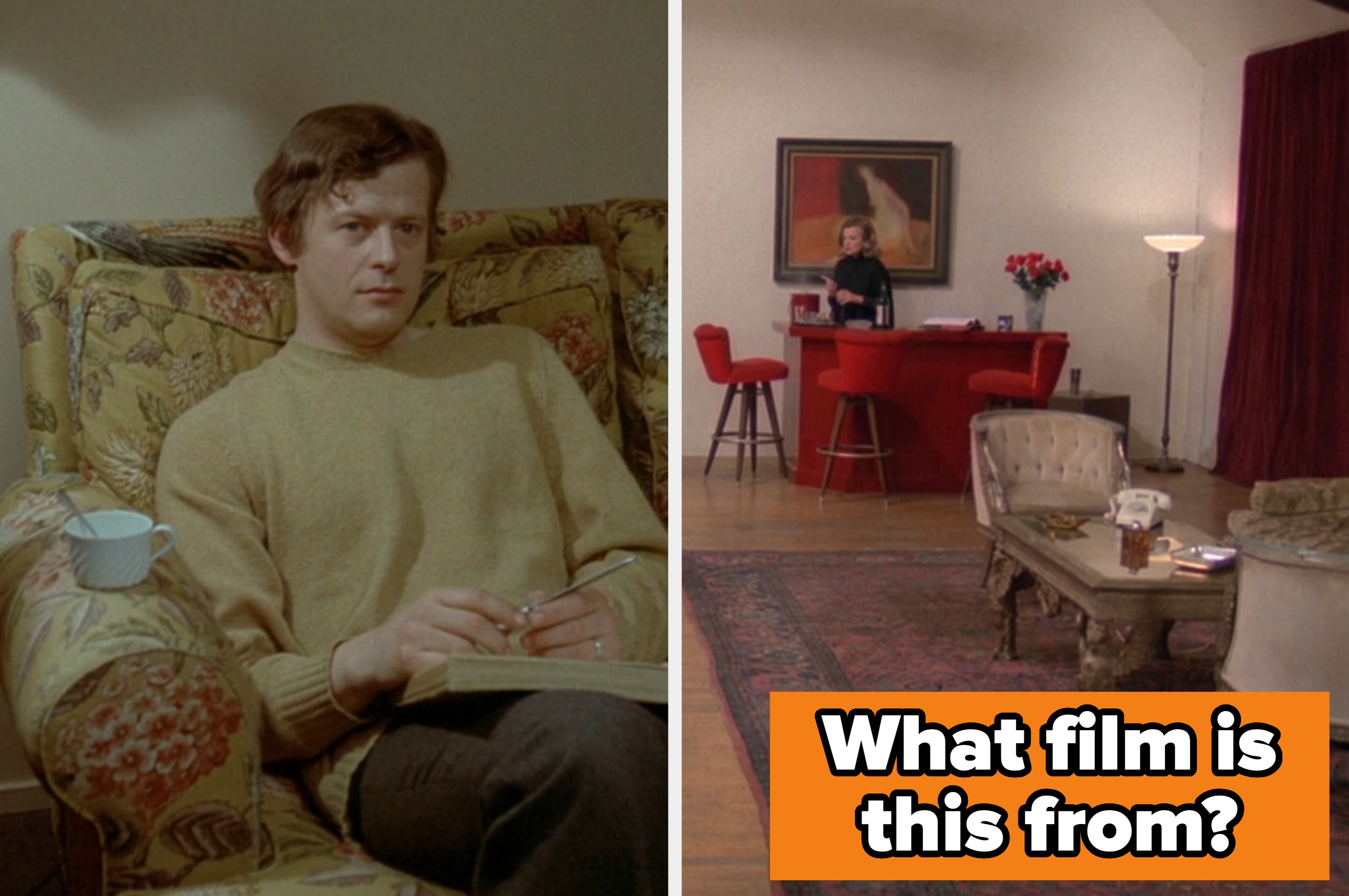 A person sits on a patterned sofa holding a notebook; another person stands near a bar in a cozy, furnished living room