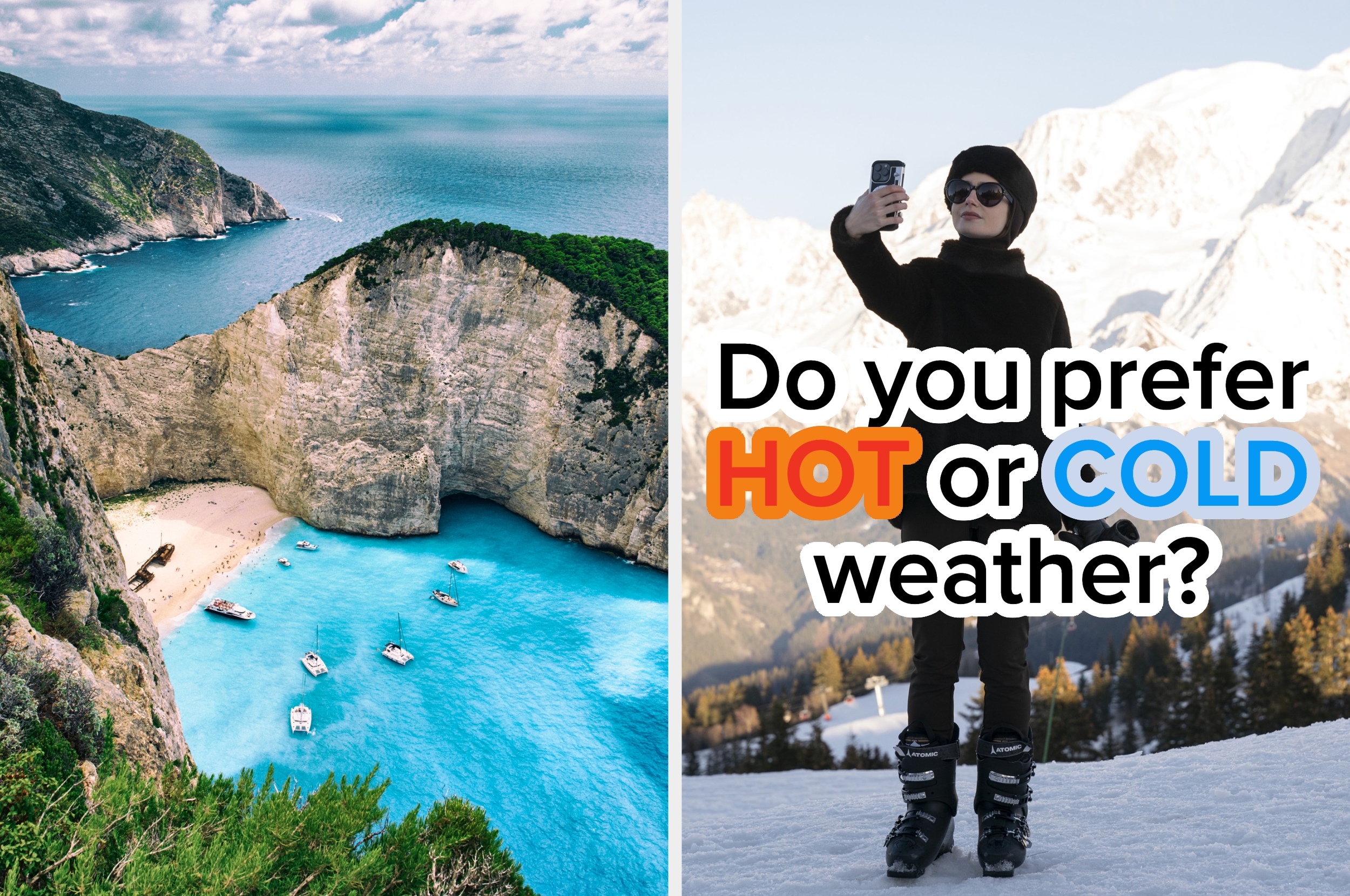 Split image: left shows a sunny beach with boats; right shows a person in winter attire taking a selfie in snowy mountains. Text asks preference for hot or cold weather