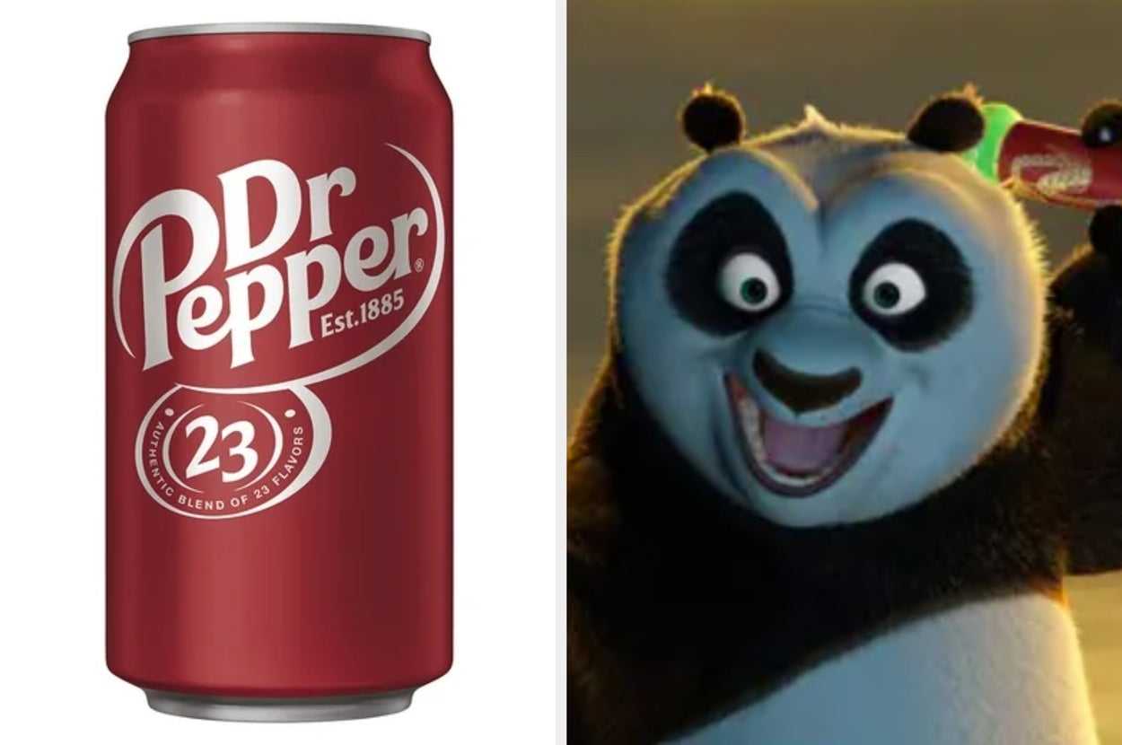 A Dr Pepper can next to an animated panda holding a bottle joyfully
