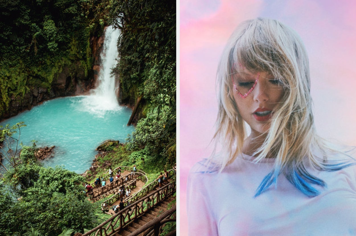 Left: Tourists on a bridge view a scenic waterfall in a lush forest. Right: Person with heart-shaped face decoration and blue-tipped hair outdoors