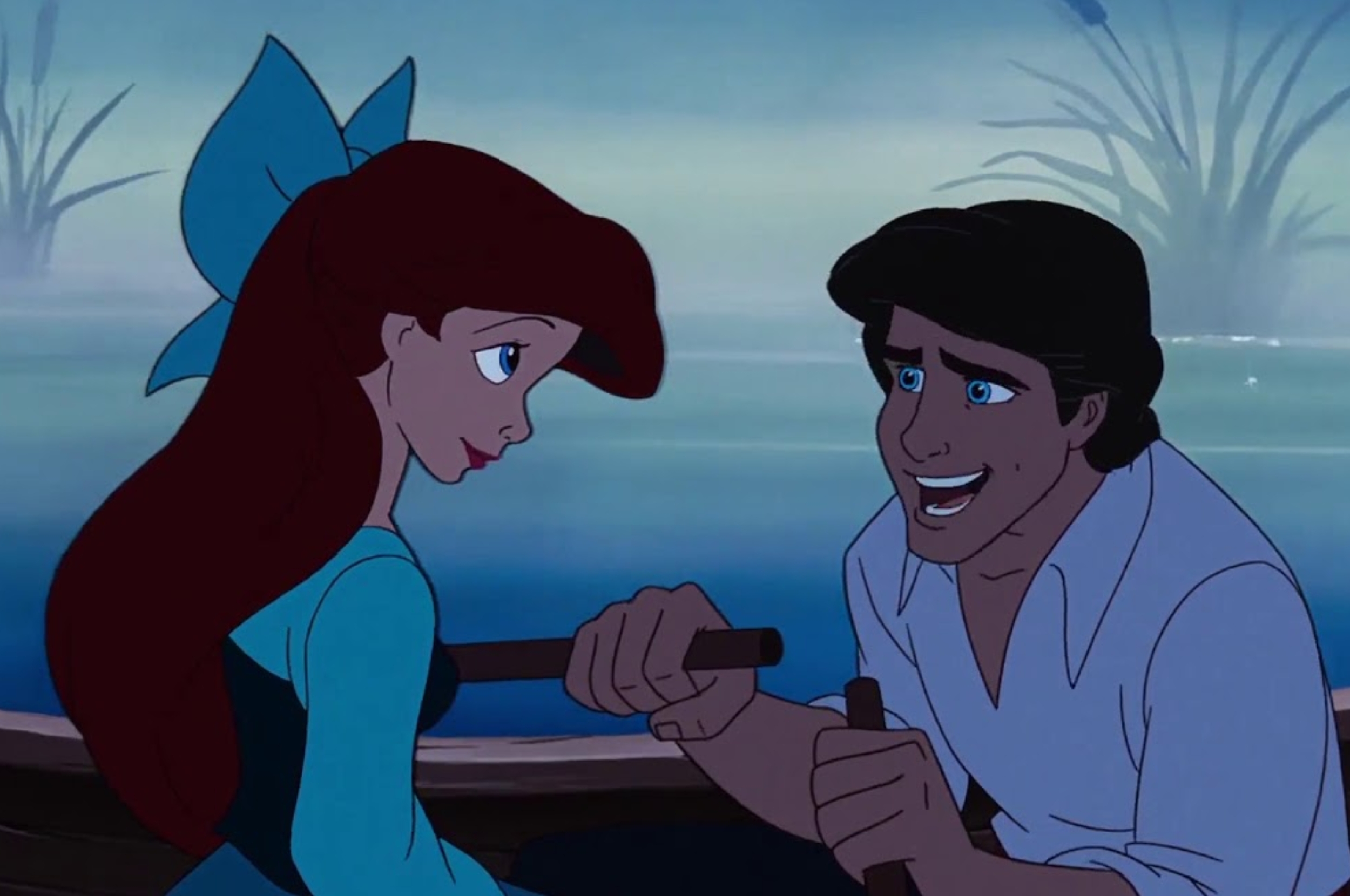 Animated characters Ariel and Eric in a rowboat at sea, smiling and looking at each other