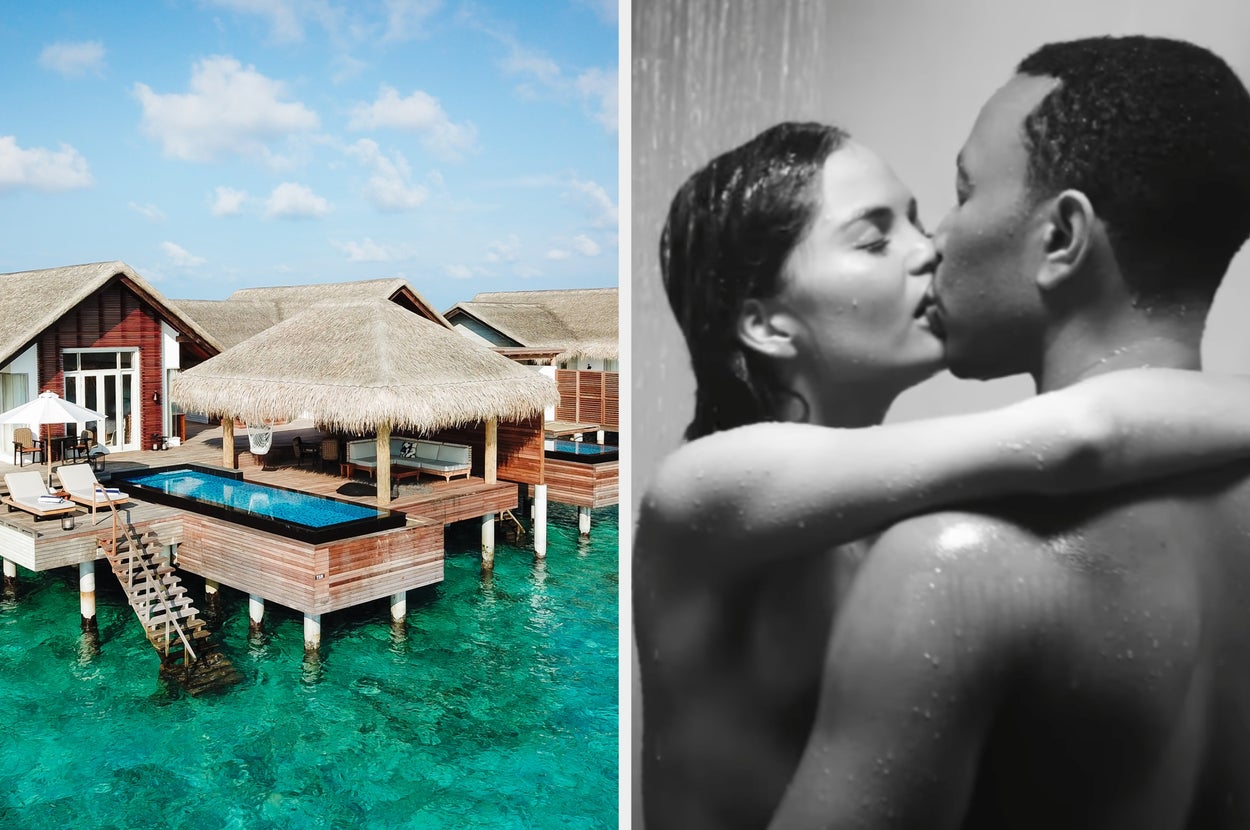 Tropical overwater bungalow with pool on left; couple embraces in shower on right