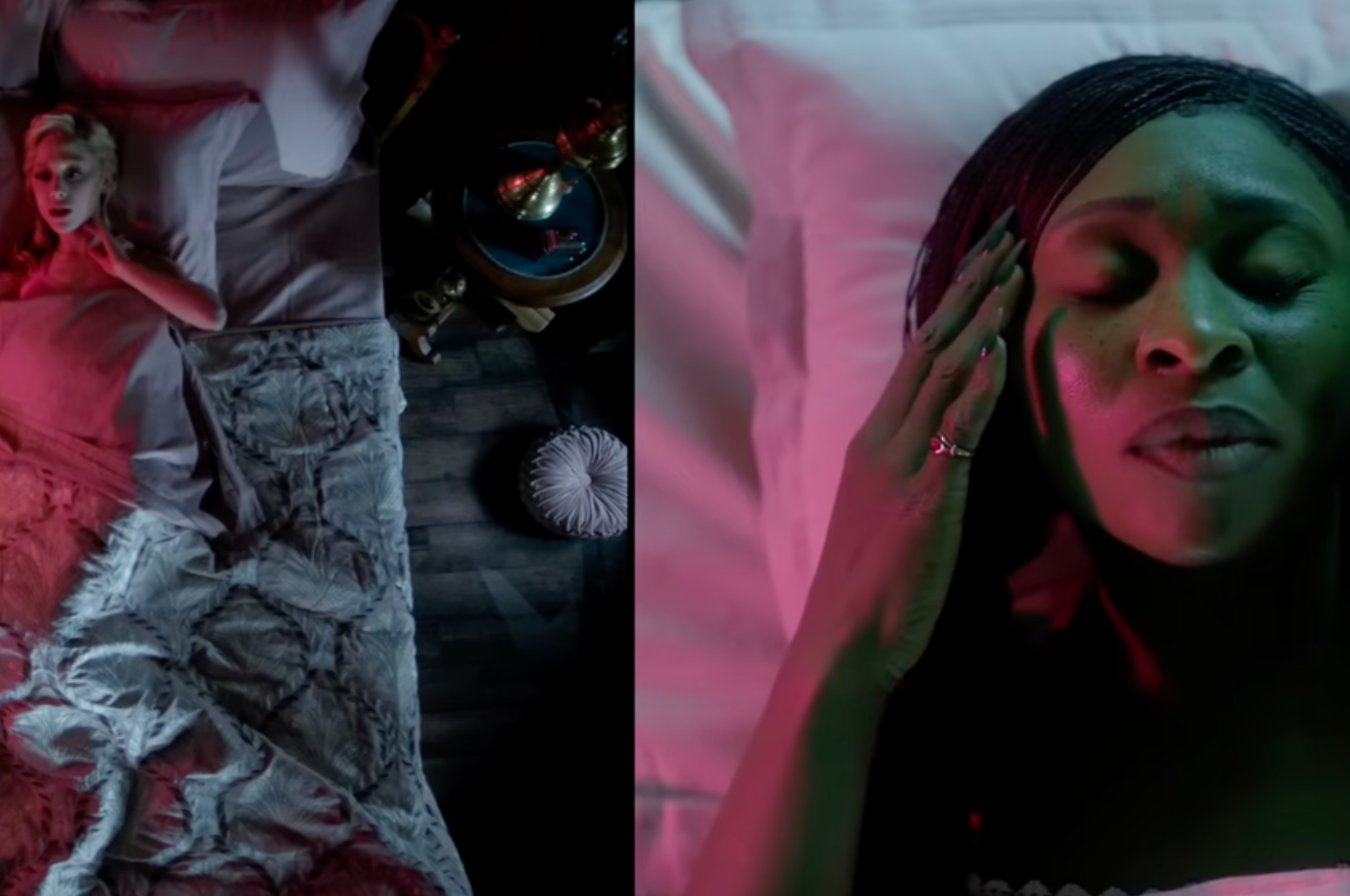 Two women in separate beds, each lit by colored lighting, appear contemplative and distant