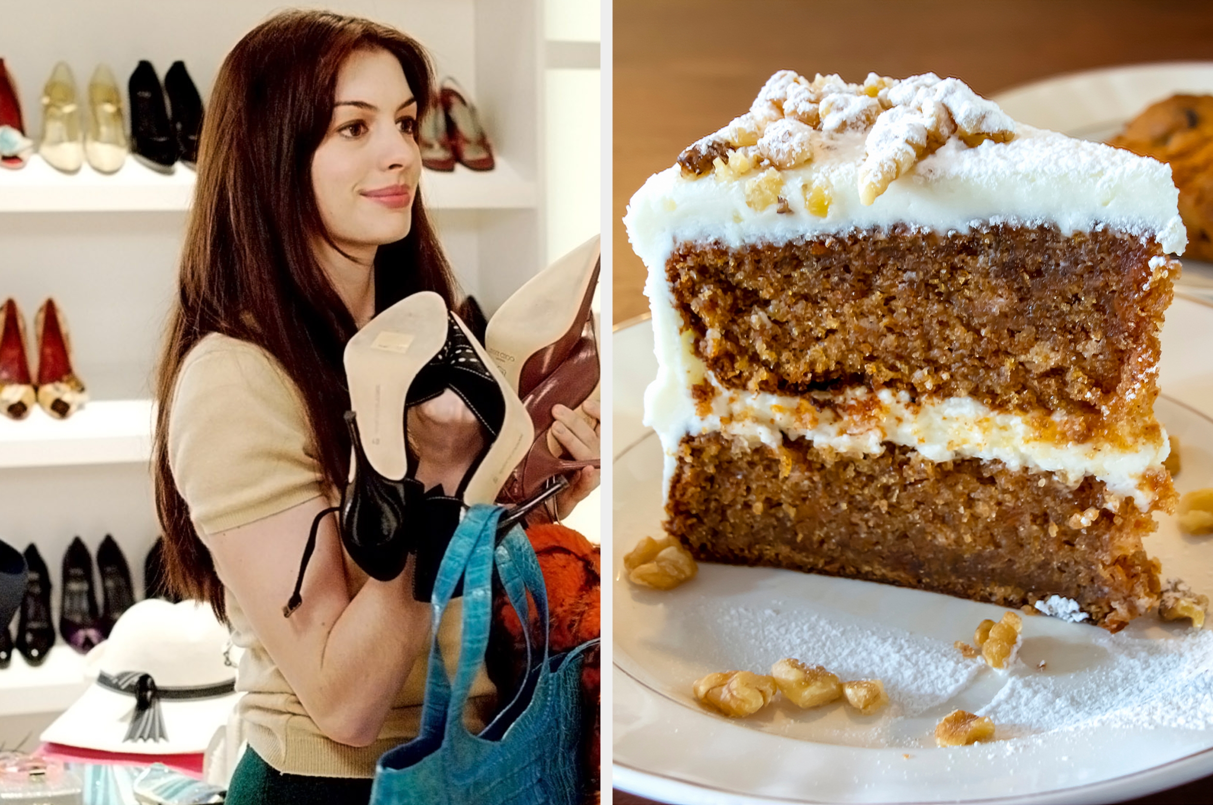 Person holding shoes in a store; right is a slice of layered cake with frosting and walnuts