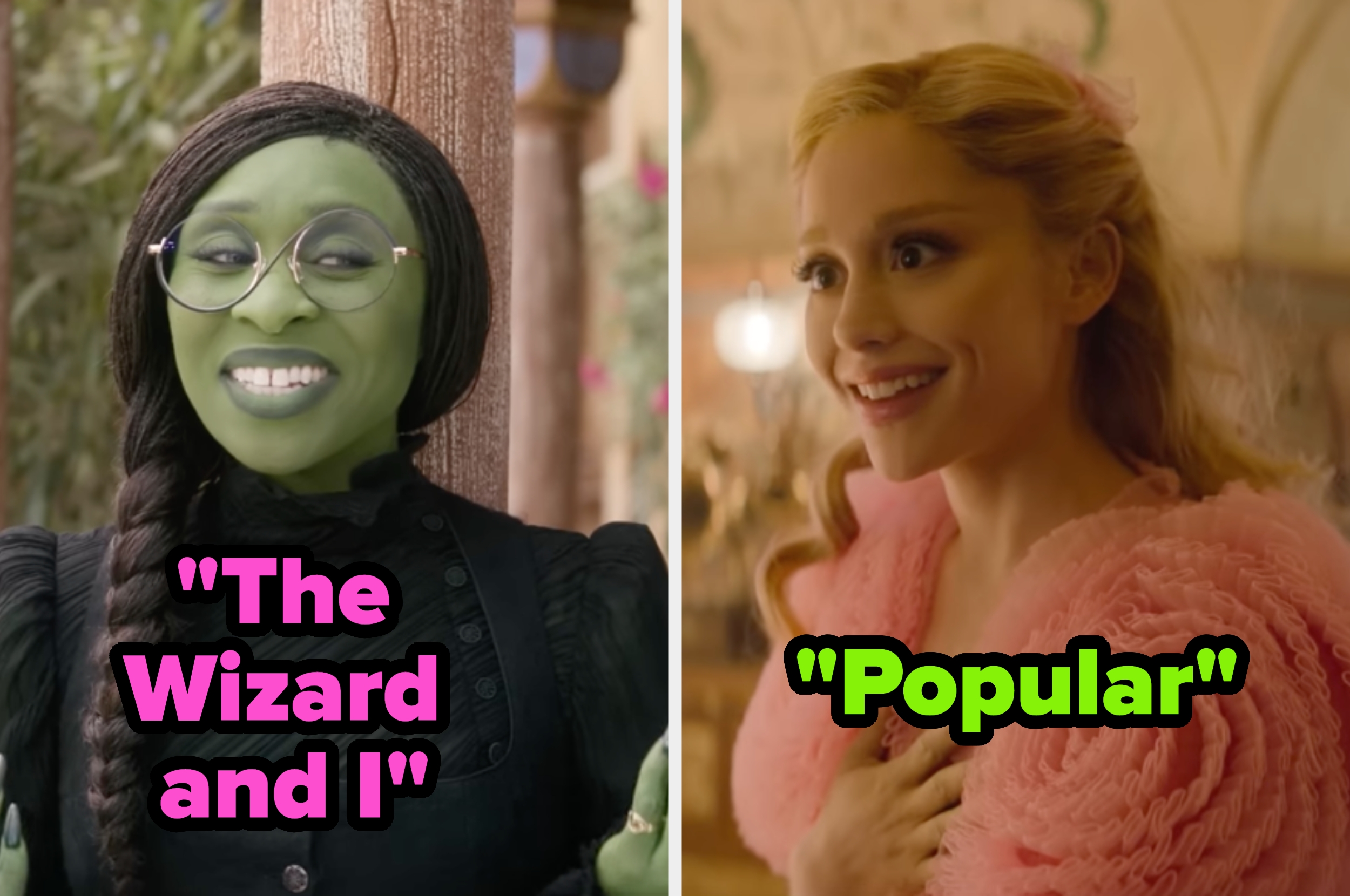 Split image of characters from "The Wizard and I" and "Popular," featuring one with green makeup in a dark outfit and another in a pink dress