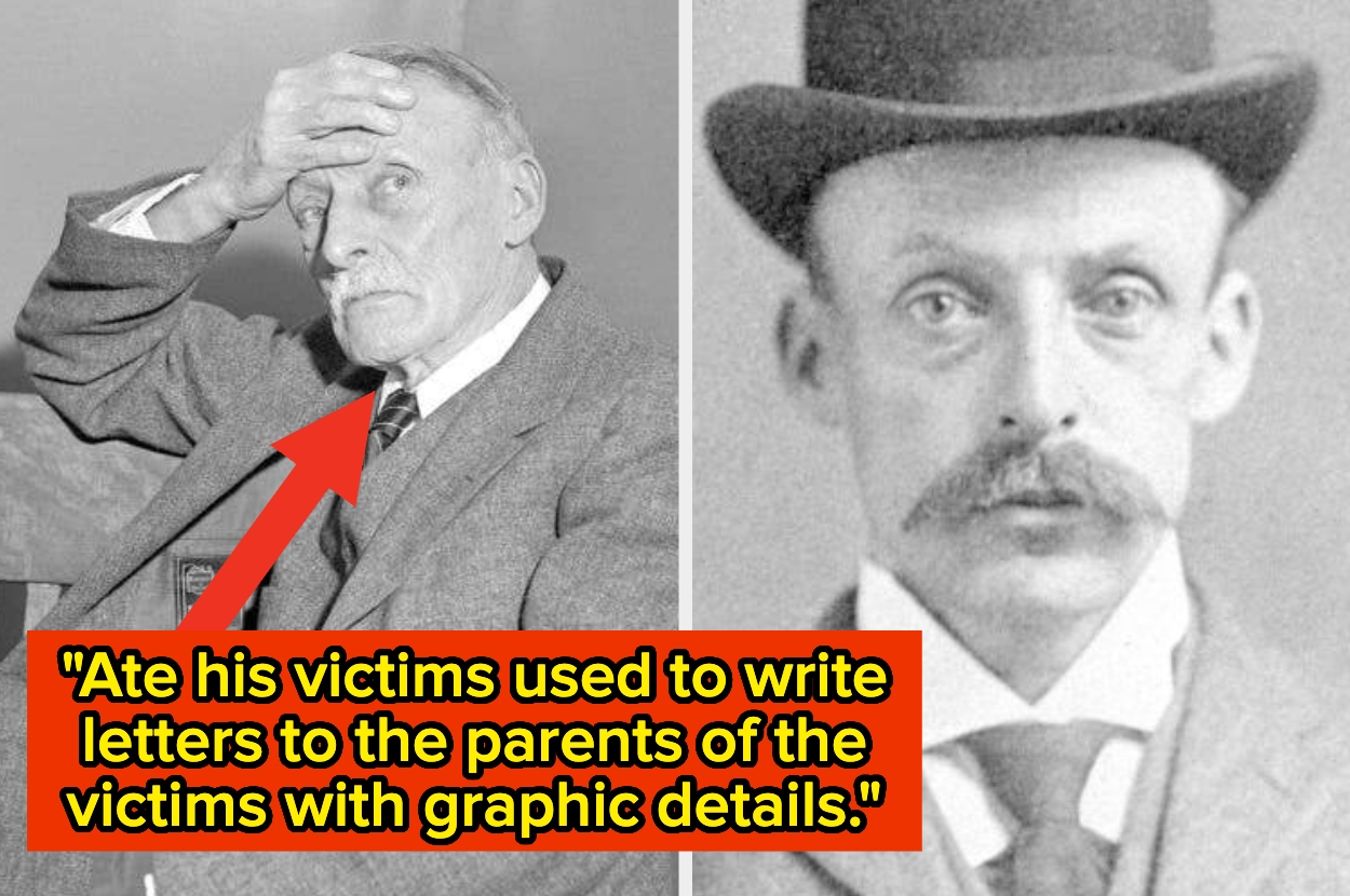 A black-and-white photo collage of a man with a mustache, wearing a suit and bowler hat. A caption details criminal acts involving letters to victims' parents