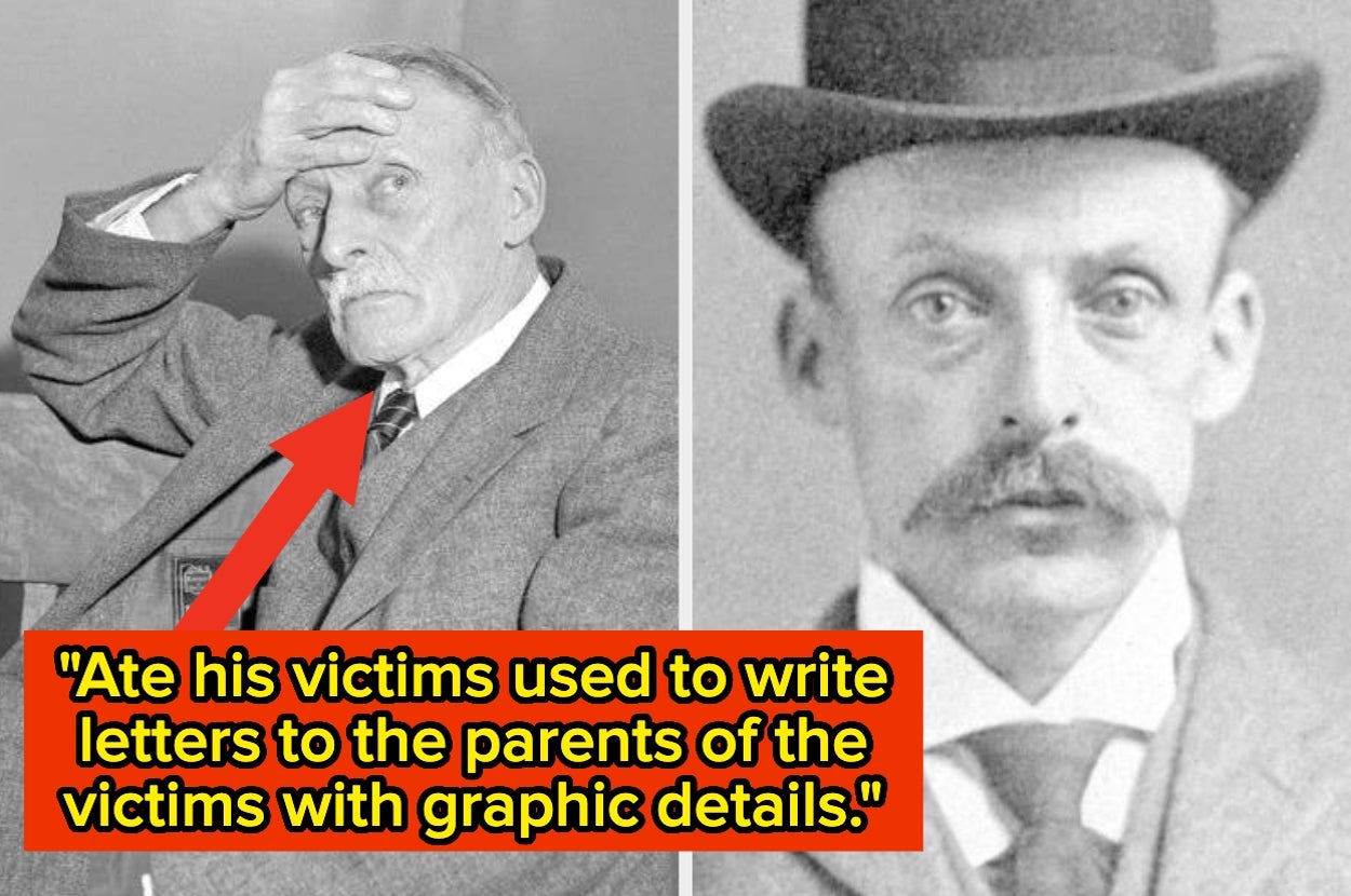 A black-and-white photo collage of a man with a mustache, wearing a suit and bowler hat. A caption details criminal acts involving letters to victims' parents