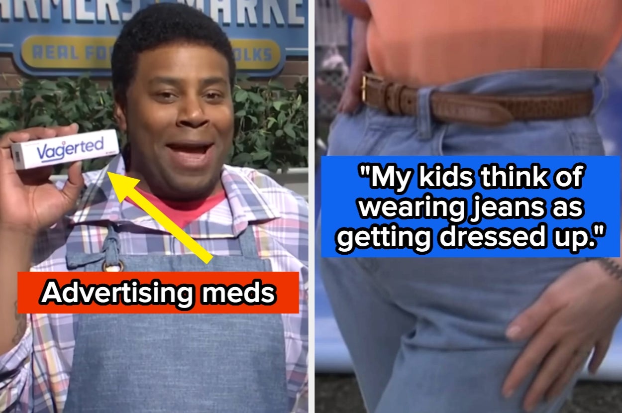 Left: Person holds a box labeled "Vagitred" in a humorous manner. Right: Text reads, "My kids think of wearing jeans as getting dressed up."