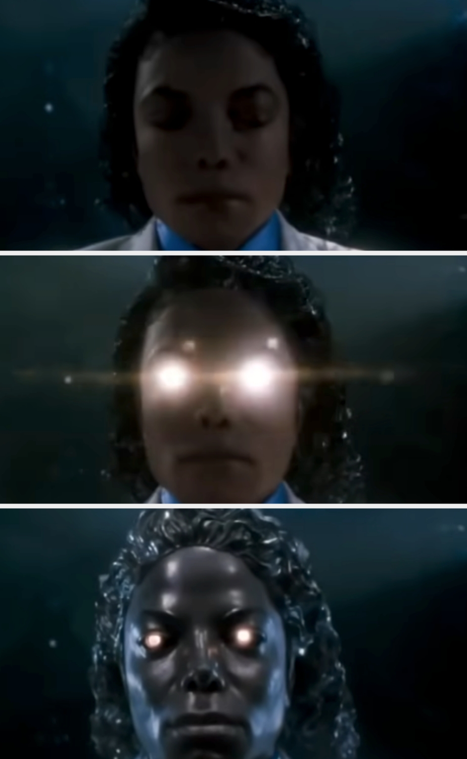 Person's look   transforms from calm look  to glowing eyes, past    to a werewolf-like appearance, reminiscent of a melodramatic  morphing effect