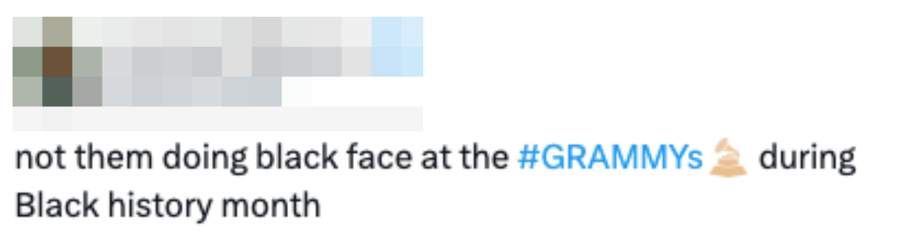 Tweet by Jeremiah Warren expressing interest  implicit    blackface astatine  the GRAMMYs during Black History Month