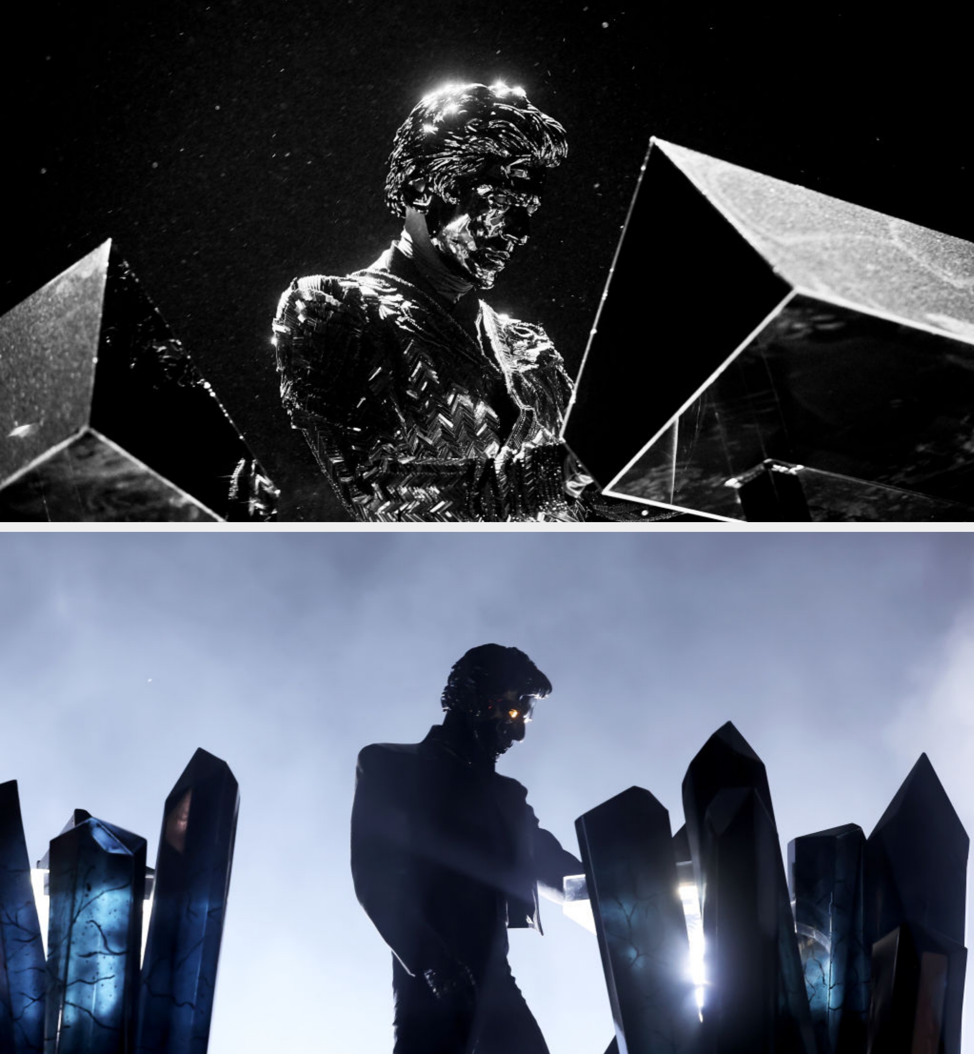 Performer successful  futuristic outfit and disguise  stands among ample  crystal-like structures connected  stage