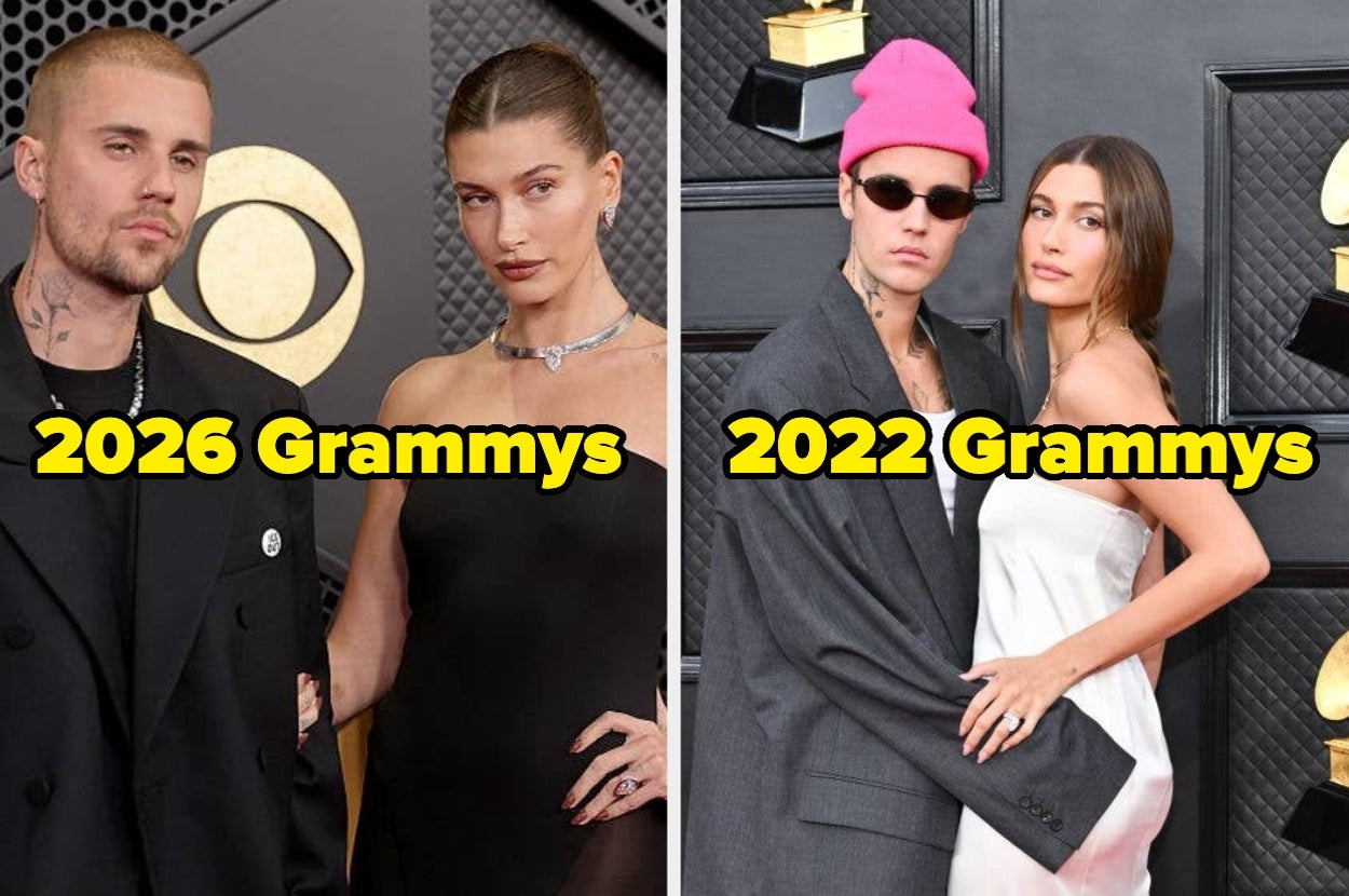 Side-by-side images of a couple at the Grammys in 2026 with modern formal attire, and in 2022 with casual chic style. Bold text marks the years