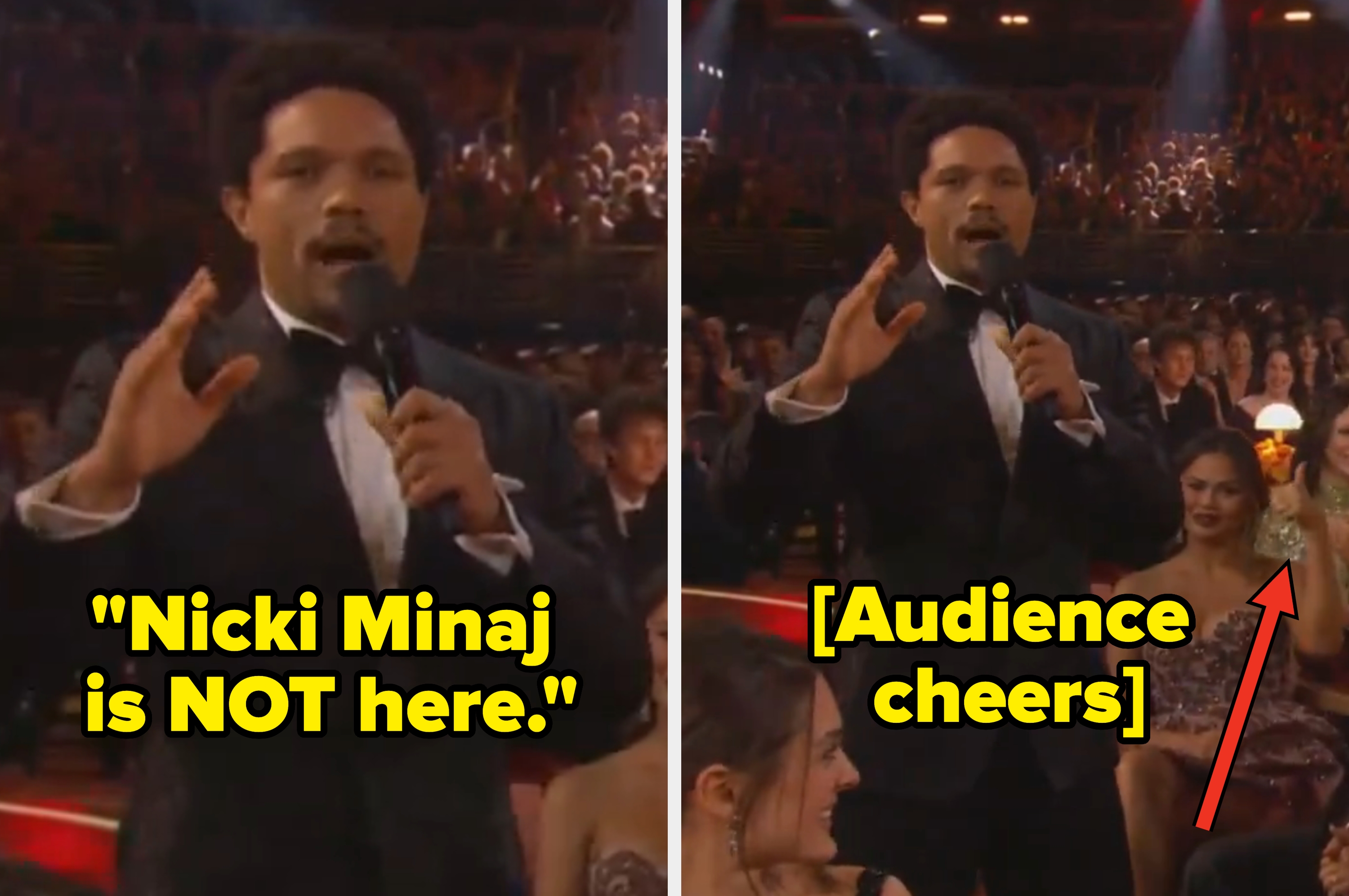 Man in a tuxedo speaks at a formal event, referring to the White House, as audience cheers. Speech bubble says, "She's still at the White House with Donald Trump."