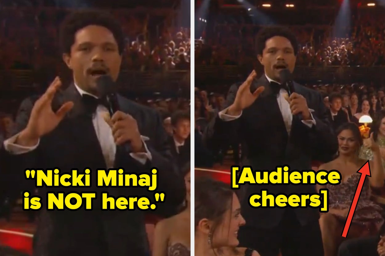 Man in a tuxedo speaks at a formal event, referring to the White House, as audience cheers. Speech bubble says, "She's still at the White House with Donald Trump."