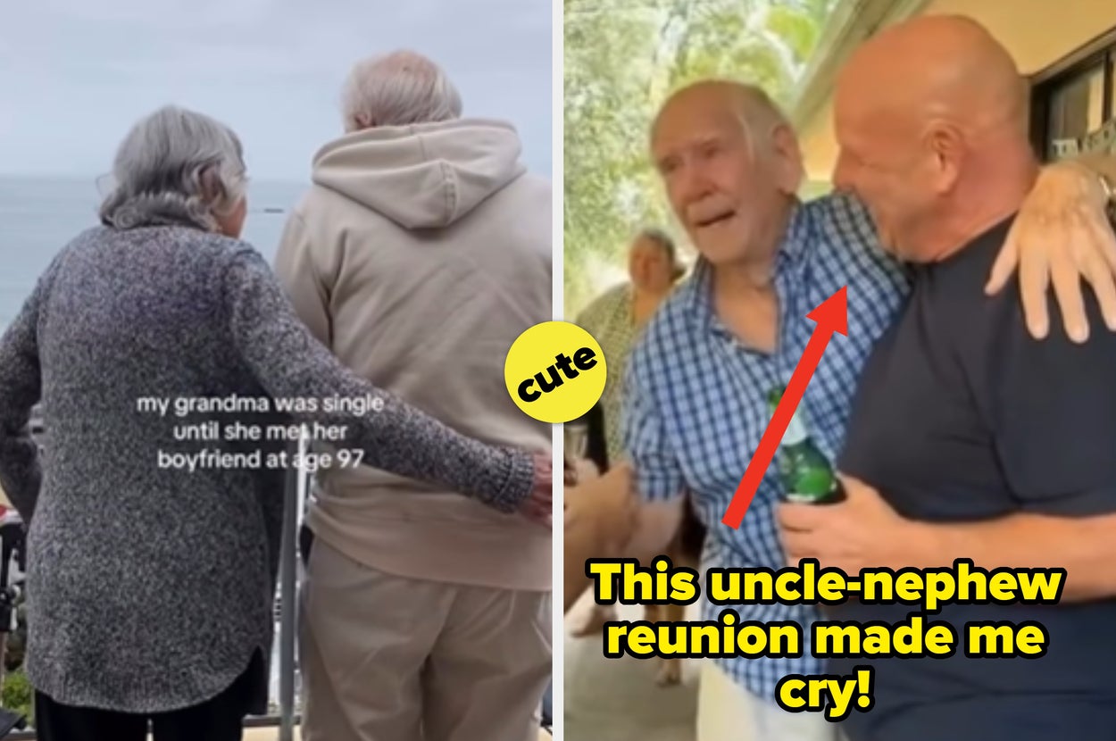 Elderly couple holds hands by the sea; inset shows two older men hugging. Text highlights emotional family moments and late-life love