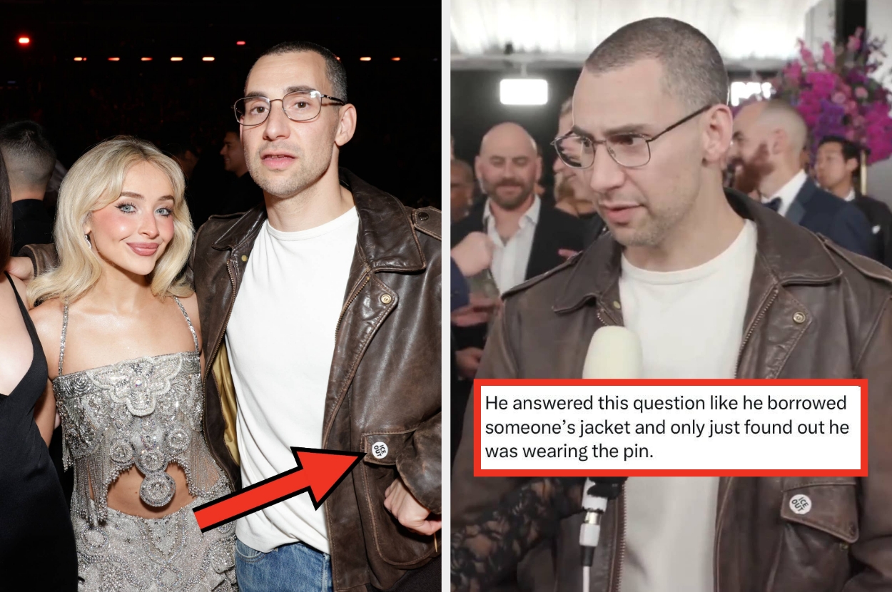 Left: Sabrina Carpenter and Jack Antonoff at the Grammys, with an arrow pointing at Jack's "ICE OUT" pin. Right: Jack being interviewed. Text: "He answered this question like he borrowed someone’s jacket and only just found out he was wearing the pin"