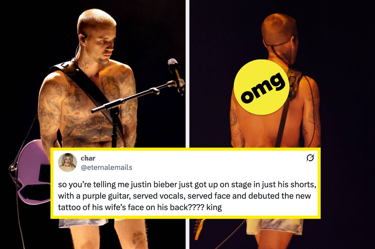 Justin Bieber performs shirtless on stage, showcasing a new back tattoo. Social media text highlights his performance and tattoo reveal