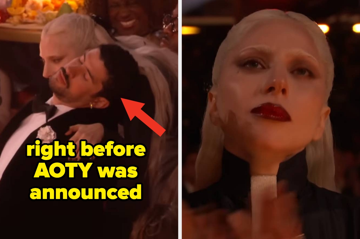 Two people embrace, one with eyes closed, as Lady Gaga appears focused on stage, with an "AOTY" announcement text overlay