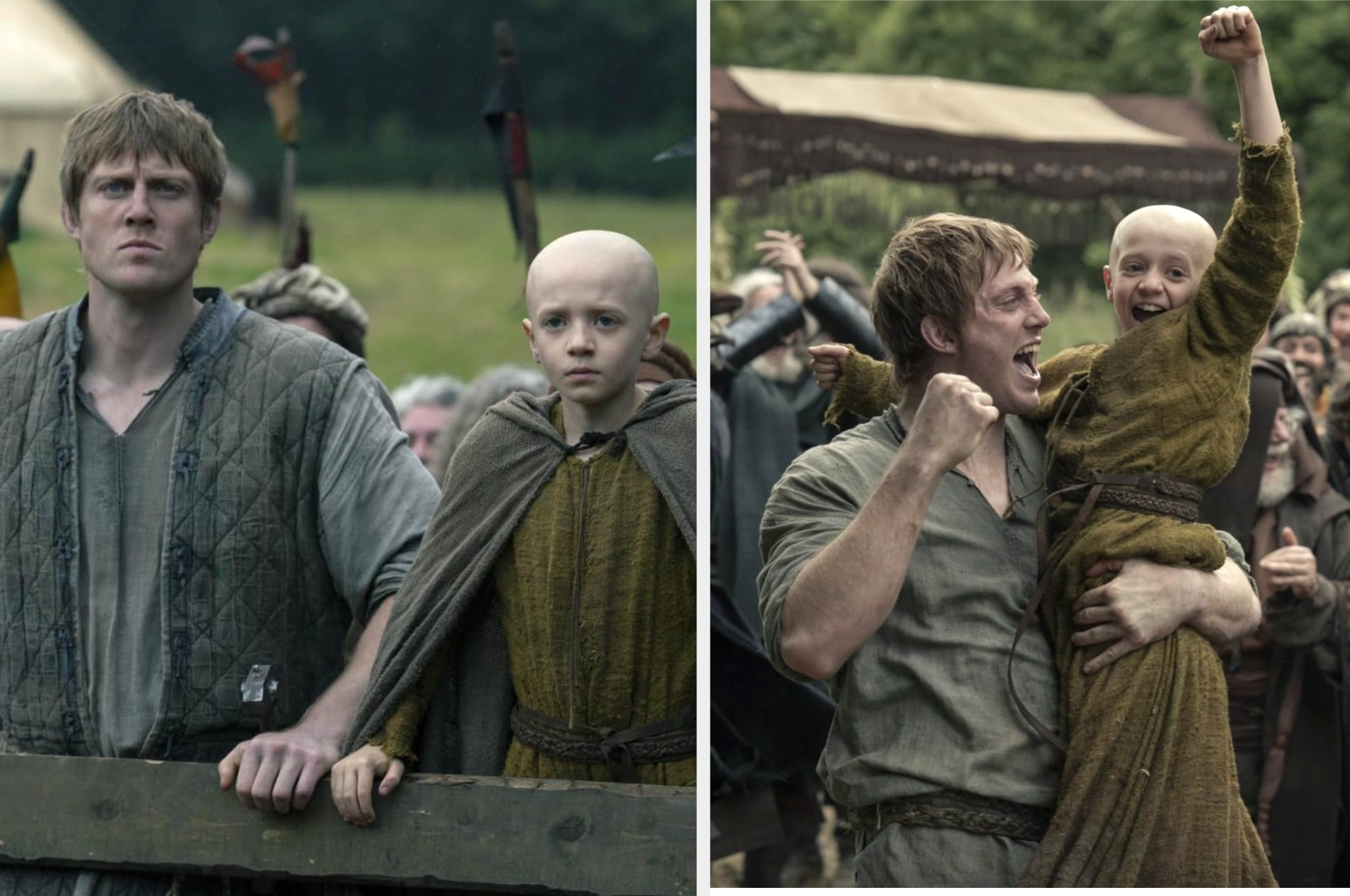 Actors in medieval attire celebrate with joy in a forest setting. One actor lifts a cheering child in the air