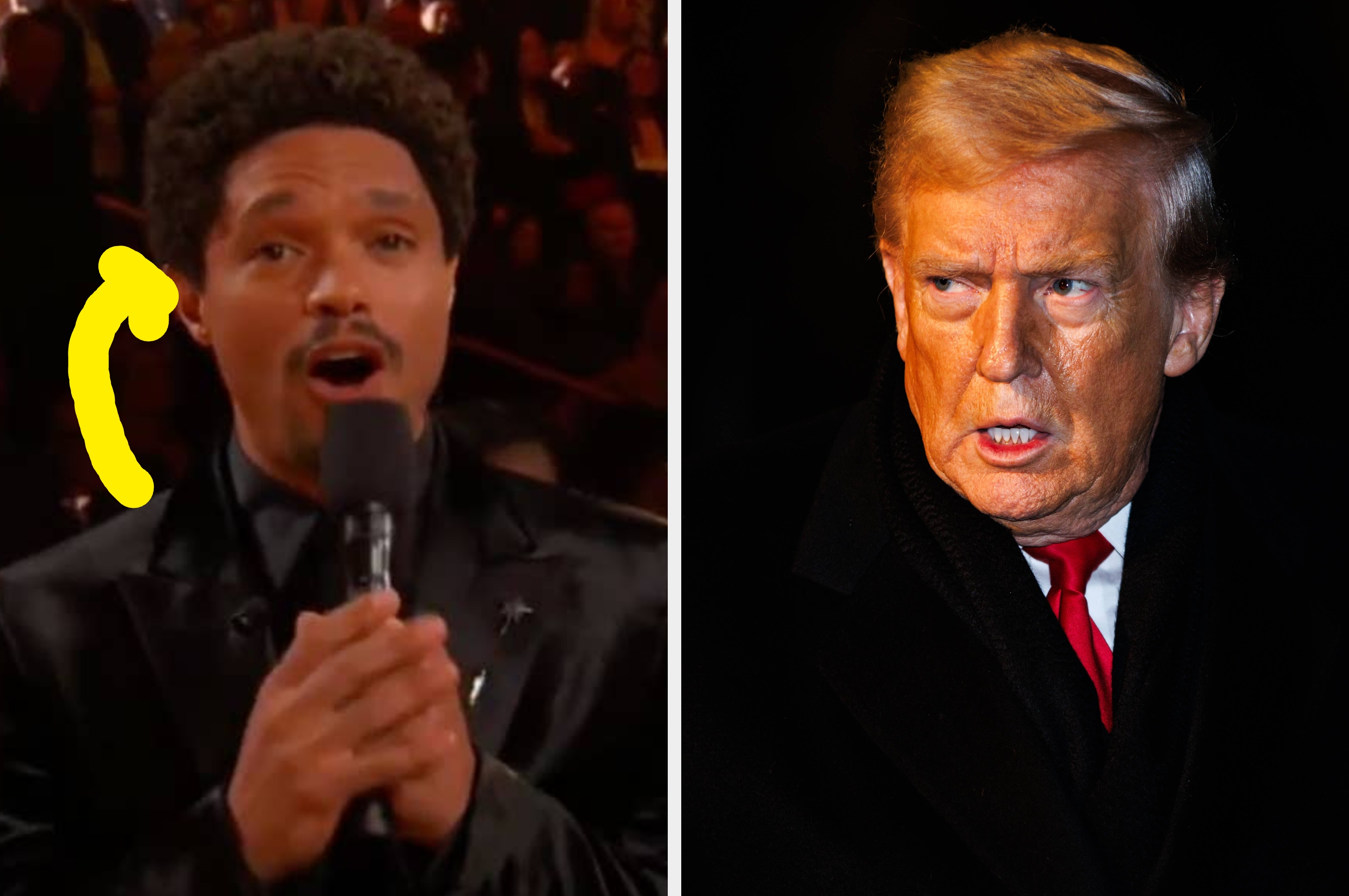 A person in a suit holds a microphone on stage next to an image of a public figure in a black coat with a serious expression