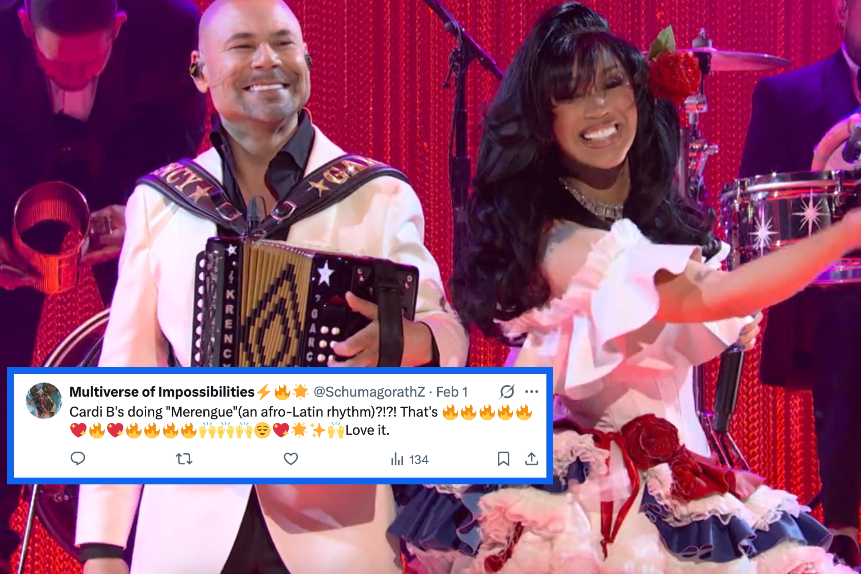 Two musicians performing on stage; one plays an accordion, and the other sings in a ruffled, floral outfit, smiling