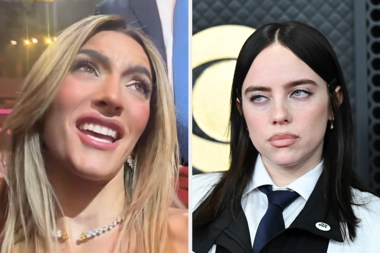 Two women are in separate images. Left: Woman smiling with long hair and jewelry. Right: Woman with straight hair and a neutral expression in a tie and suit