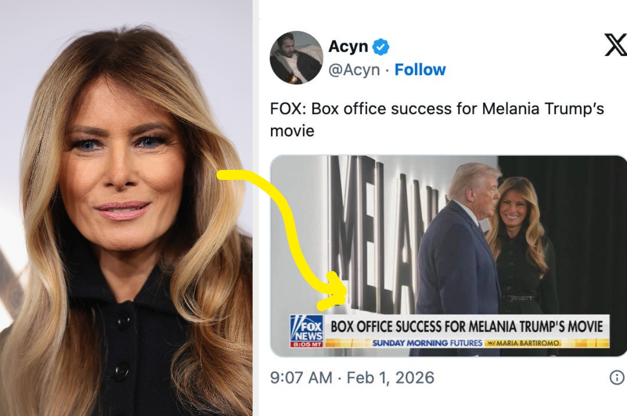 A tweet by Acyn shows a news graphic about Melania Trump's movie box office success. The image features Melania Trump and a person in formal attire