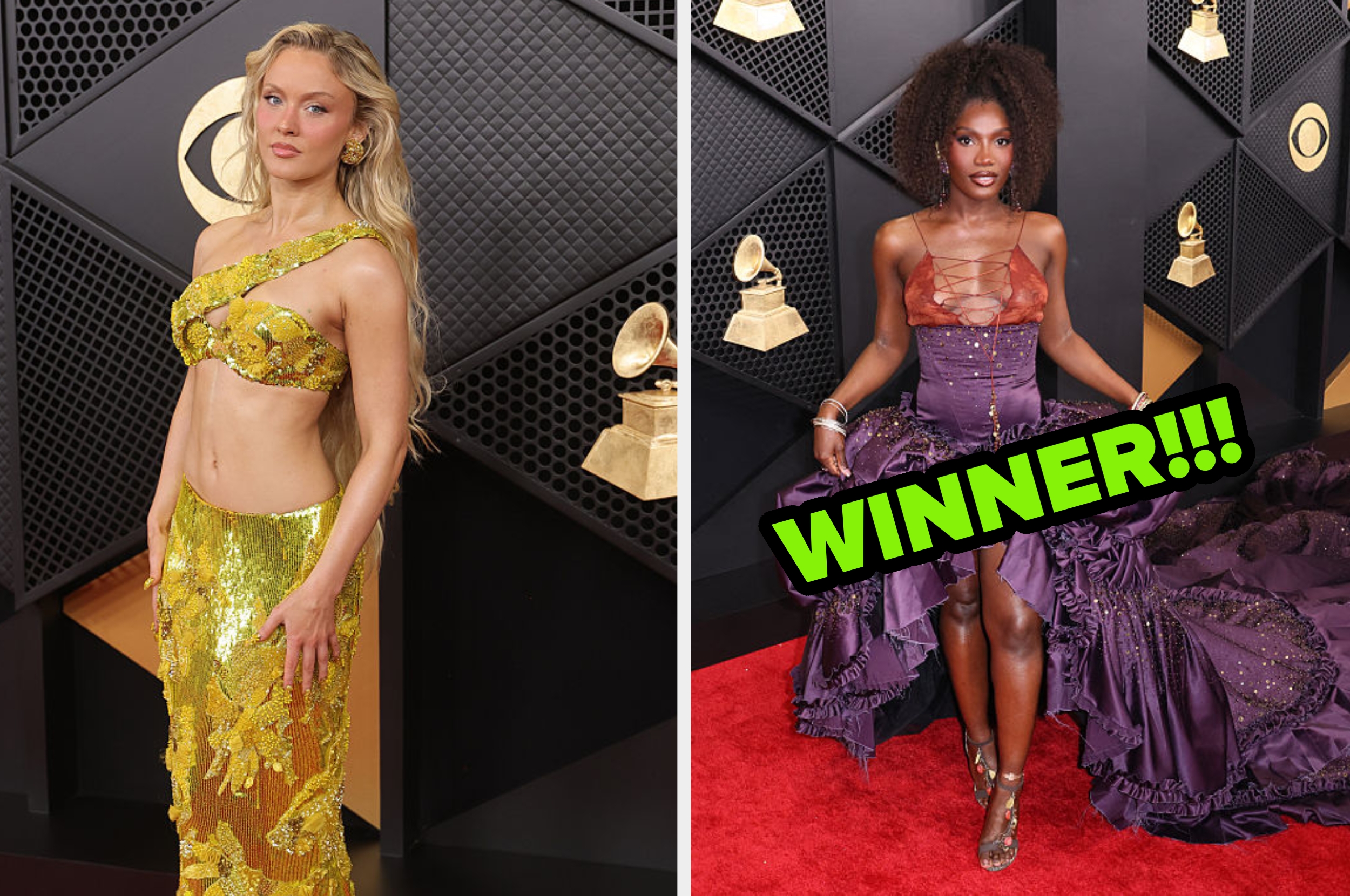 Two individuals on a red carpet; one in a sequined gown, the other in a stylish gown labeled "WINNER."