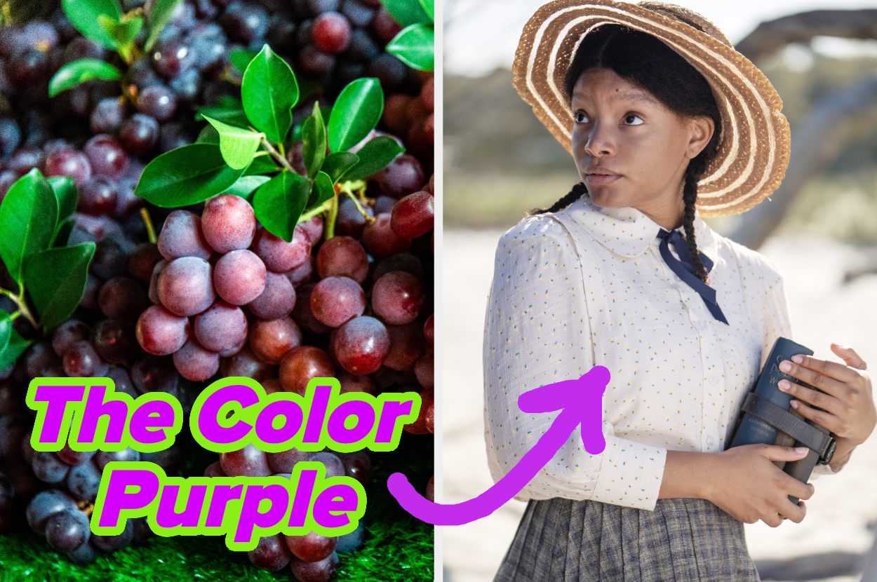 Grapes beside a person in vintage attire holding binoculars, with "The Color Purple" text and an arrow pointing at the person