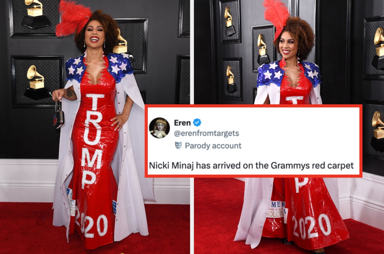 Person in a bold red gown with "Trump 2020" text and star-spangled coat at an event. An overlaid tweet humorously references Nicki Minaj