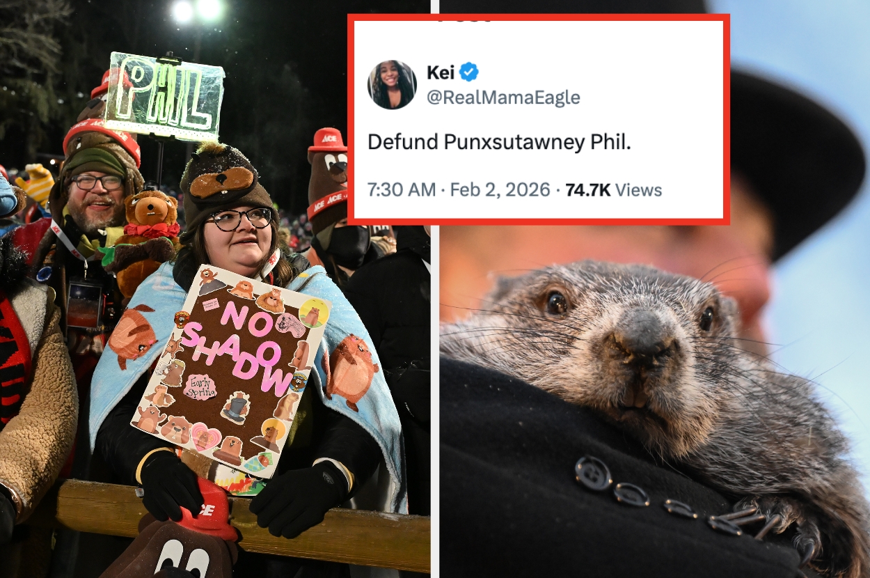 A person at a crowded event holds a humorous "No Shadow" sign with images of a groundhog. Inset tweet reads: "Defund Punxsutawney Phil."