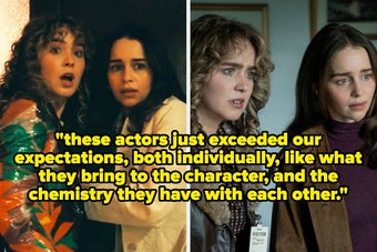 Two scenes show actors reacting emotionally. Quote highlights actors' performances and chemistry