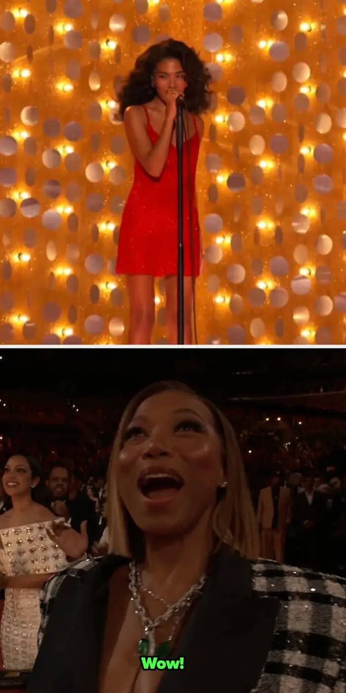 Singer performs connected  signifier    successful  a dress; assemblage  subordinate   reacts with amazement during a personage  event