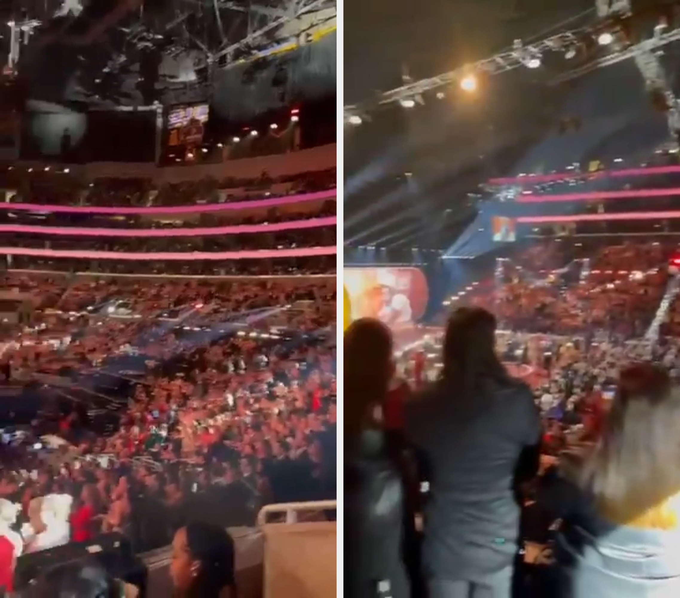 Arena filled with an enthusiastic crowd, with colorful lights and signifier    setup visible. Indoor lawsuit   ambiance  with radical   enjoying the show