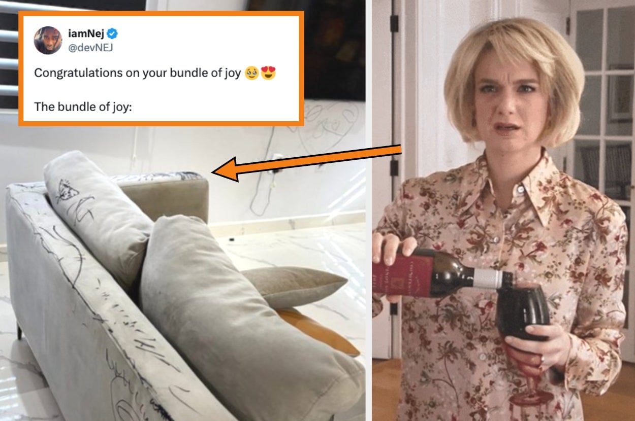 Tweet congratulating someone on their "bundle of joy," humorously paired with an image of a woman pouring wine, suggesting adult relaxation