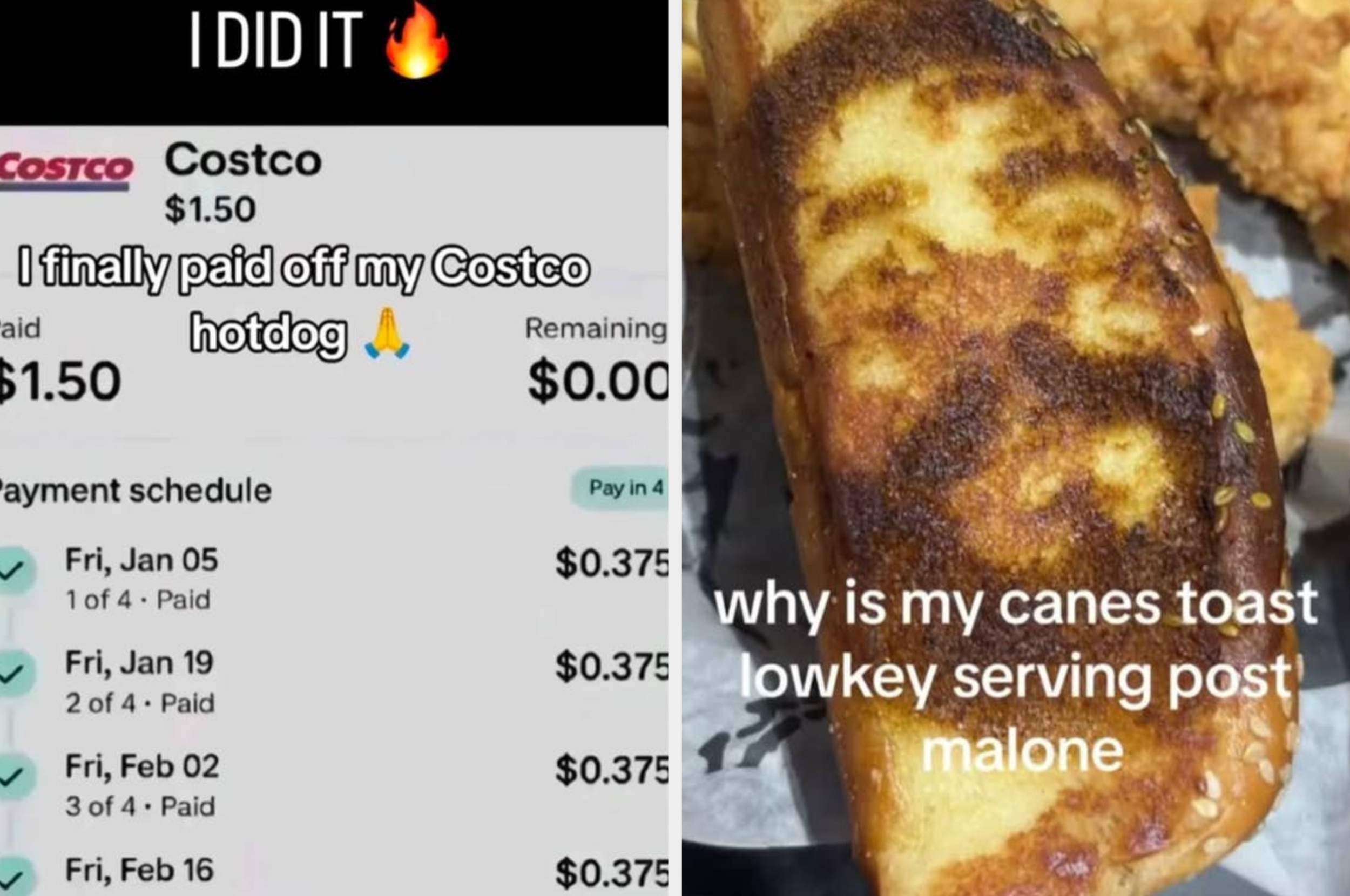 Split image: Left shows a joking "Costco hotdog payment" schedule; right shows toast with text humorously comparing it to "Post Malone."
