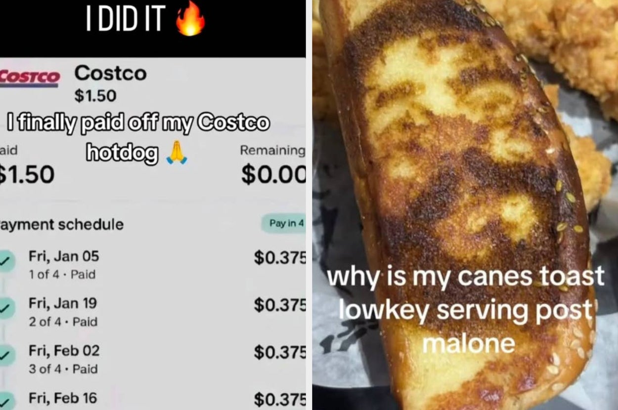 Split image: Left shows a joking "Costco hotdog payment" schedule; right shows toast with text humorously comparing it to "Post Malone."