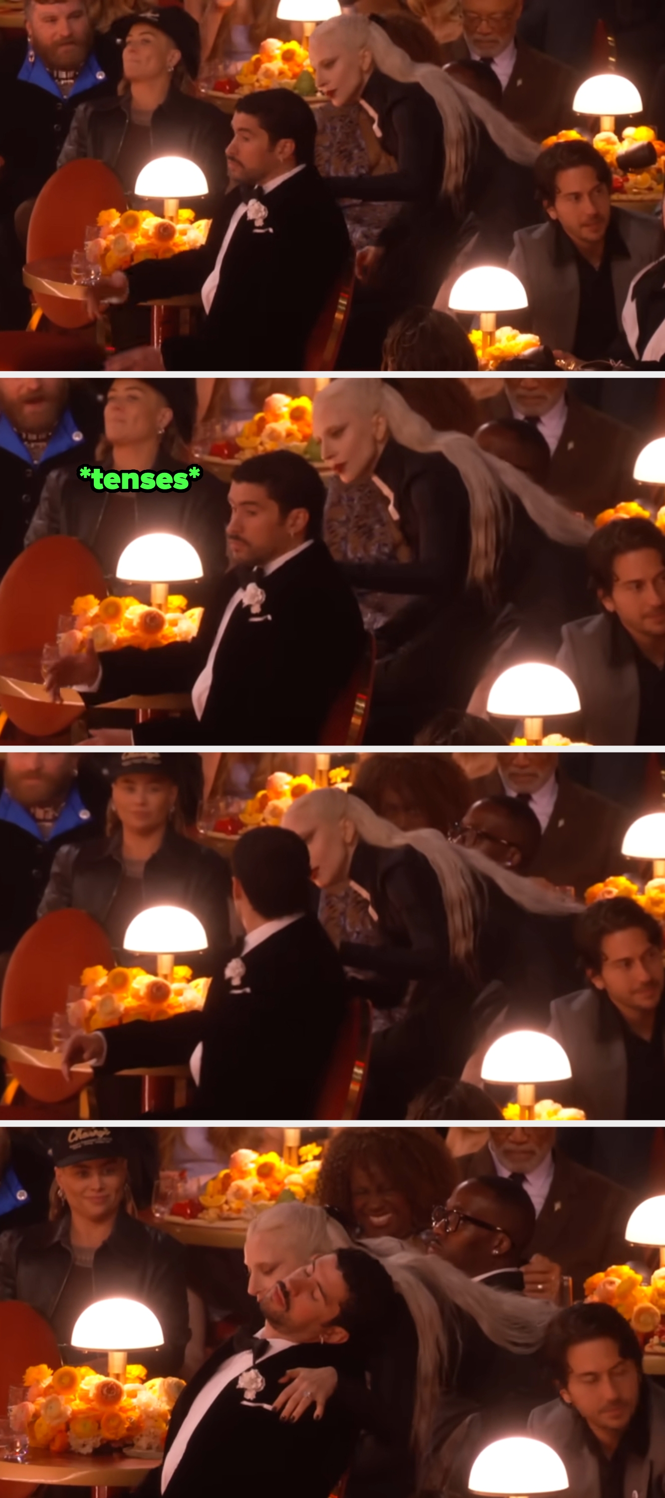 Audience astatine  a ceremonial  lawsuit   with attendees successful  elegant attire, sitting astatine  tables adorned with yellowish  flowers and tiny  lamps