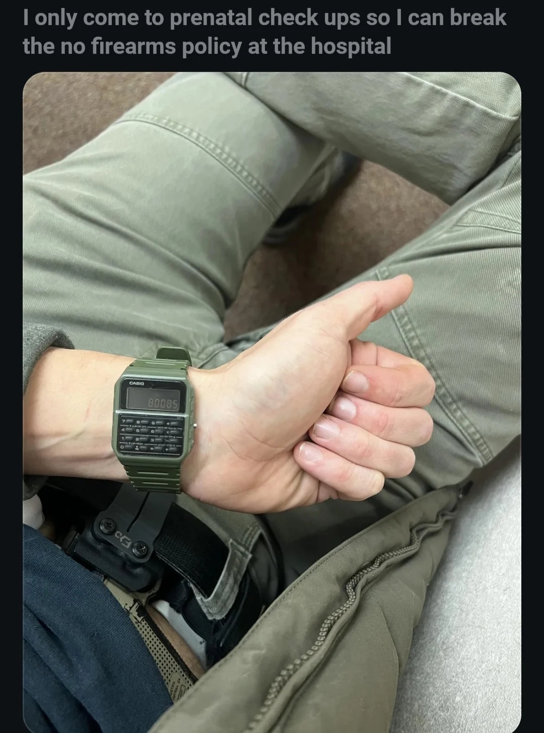 Person seated, displaying a calculator ticker  with "80085" connected  it, holstering a firearm beneath   a coat, and caption referencing prenatal check-ups