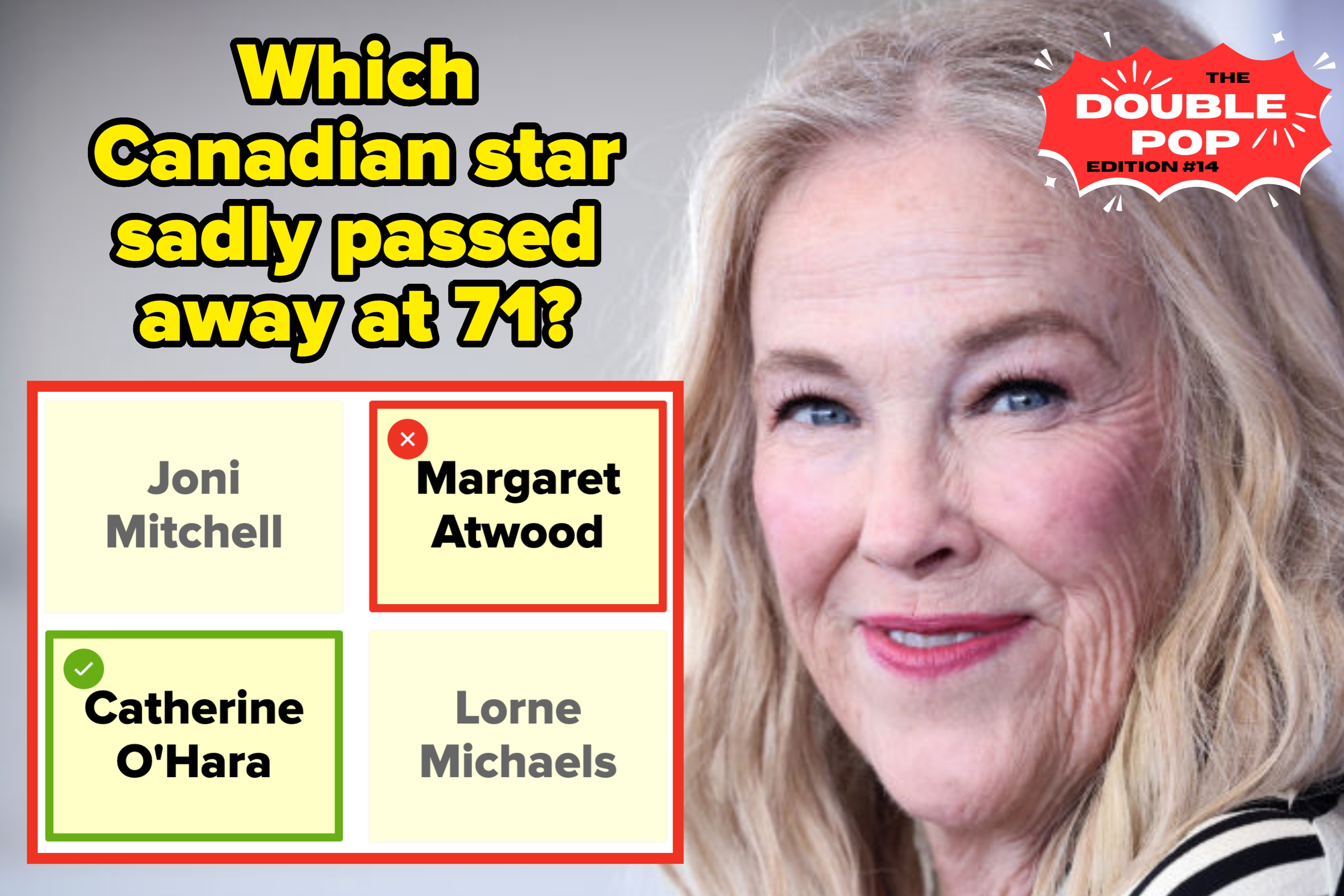 Quiz image asking which Canadian star passed away at 71. Options: Joni Mitchell, Margaret Atwood, Catherine O'Hara (highlighted), Lorne Michaels