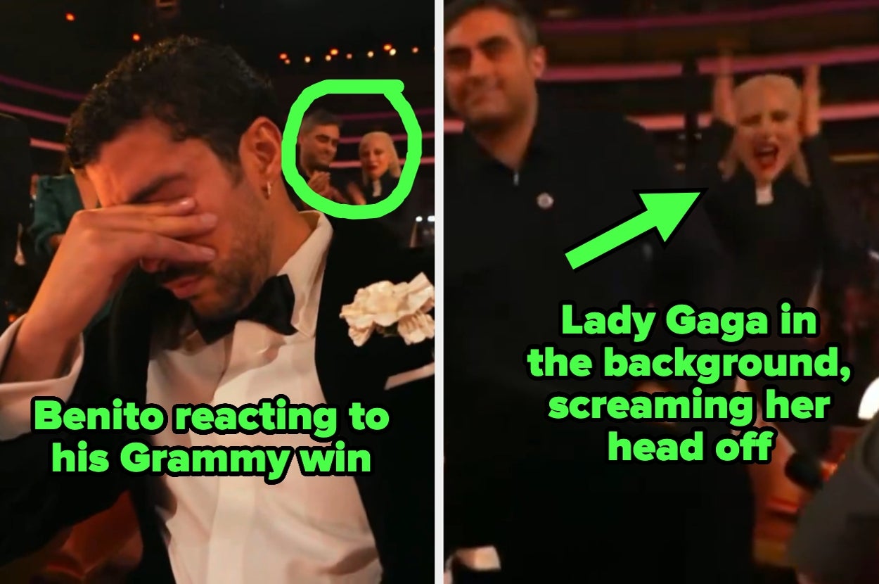Benito appears emotional at his Grammy win, covering his face. Lady Gaga is excitedly cheering in the background