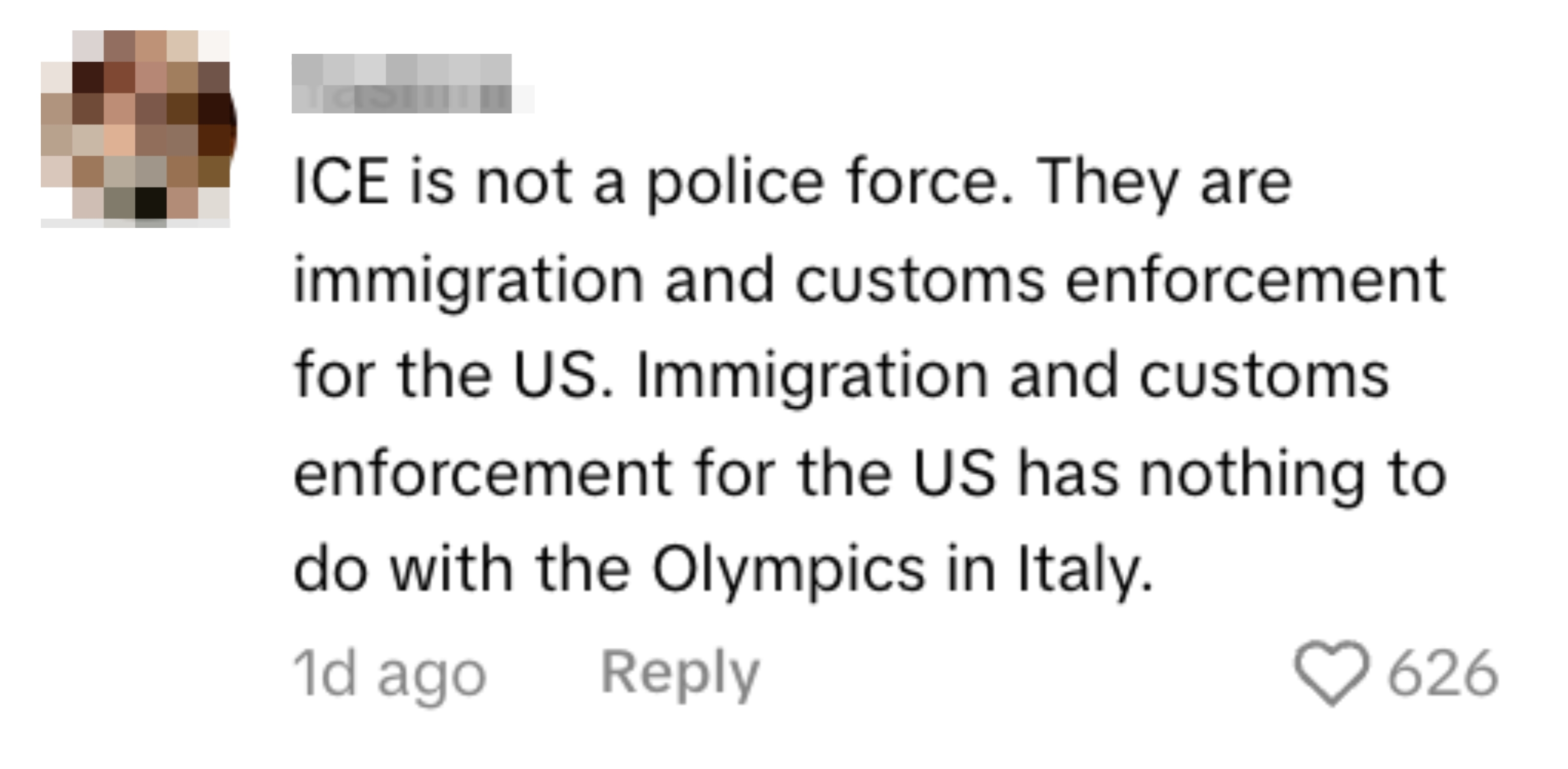Kommentar som forklarer ICE som US Immigration and Customs Enforcement, ikke relatert til OL i Italia