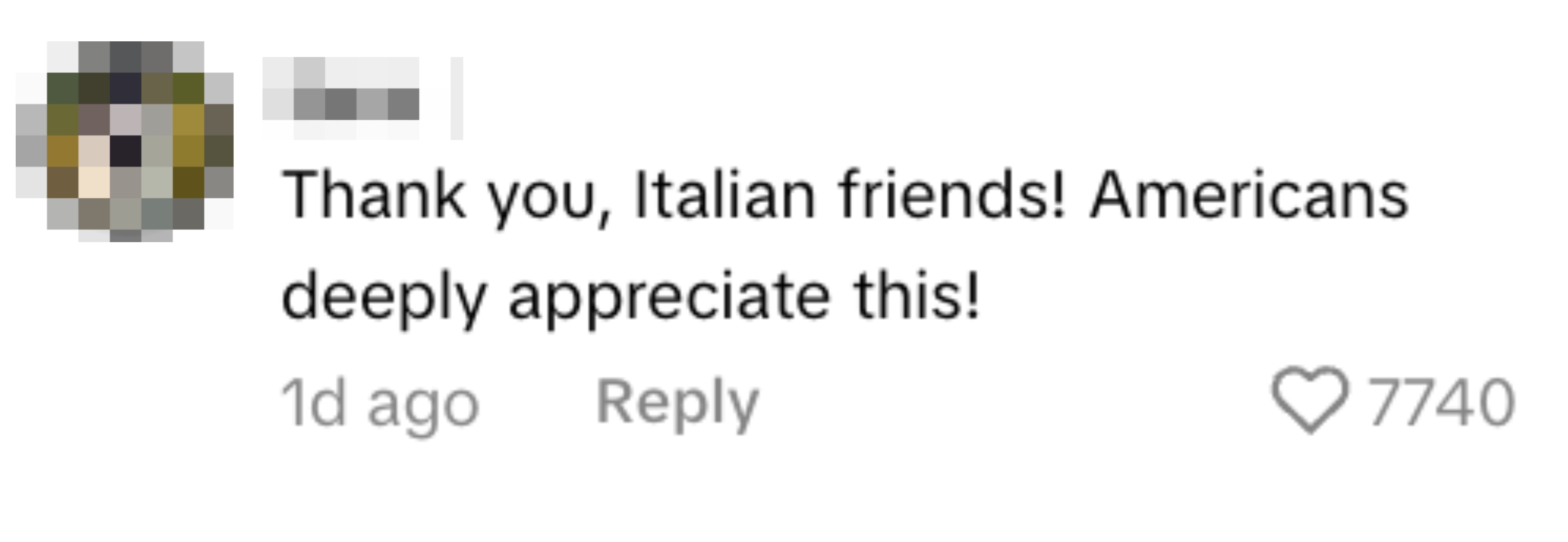 Kommenter der du takker italienske venner og uttrykker amerikansk takknemlighet, med 7740 likes. Brukernavn og profilbilde vises
